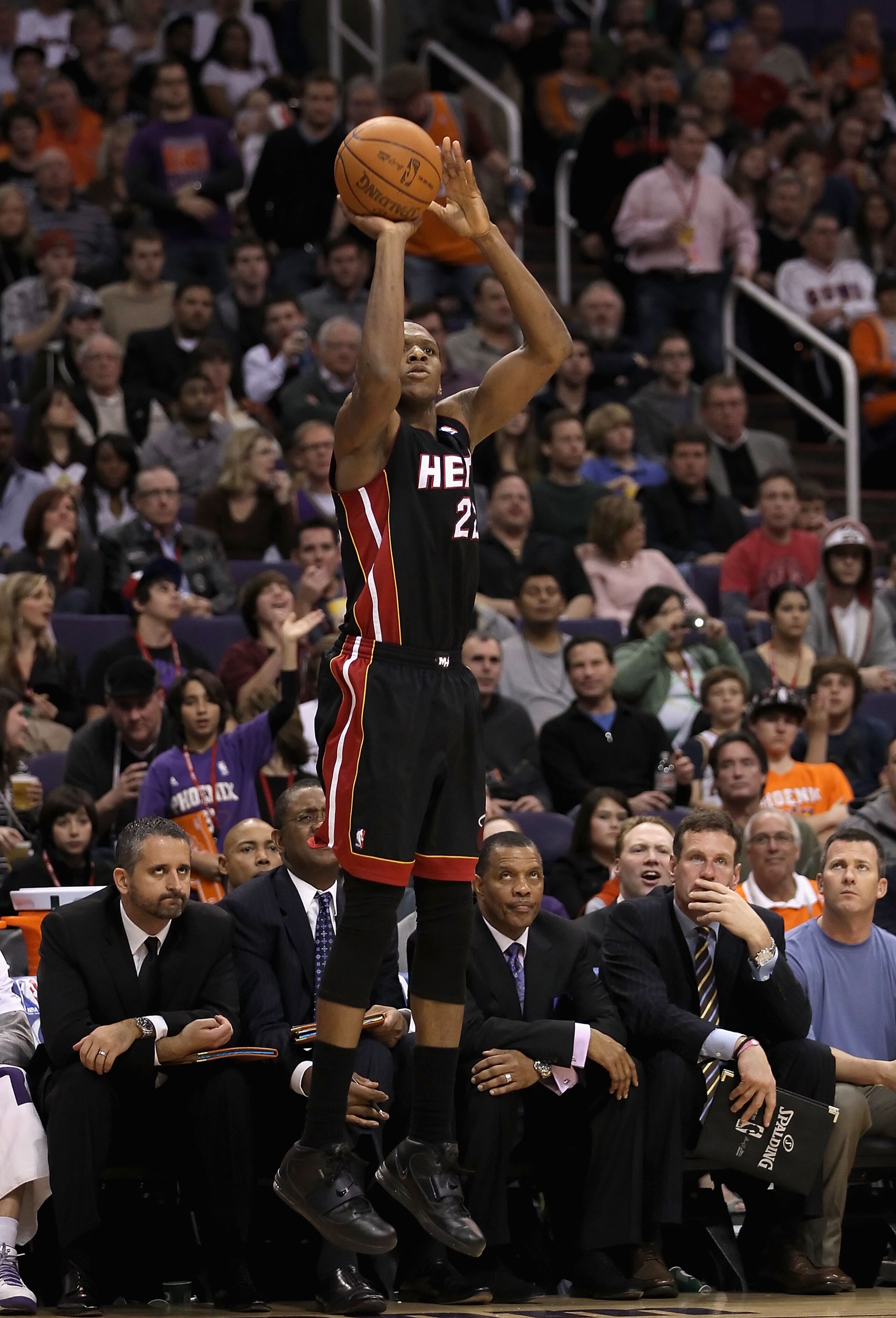 PHOENIX - DECEMBER 23:  James Jones #22 of the Miami Heat puts up a shot during the NBA game against the Phoenix Suns at US Airways Center on December 23, 2010 in Phoenix, Arizona.  The Heat defeated the Suns 95-83.  NOTE TO USER: User expressly acknowled