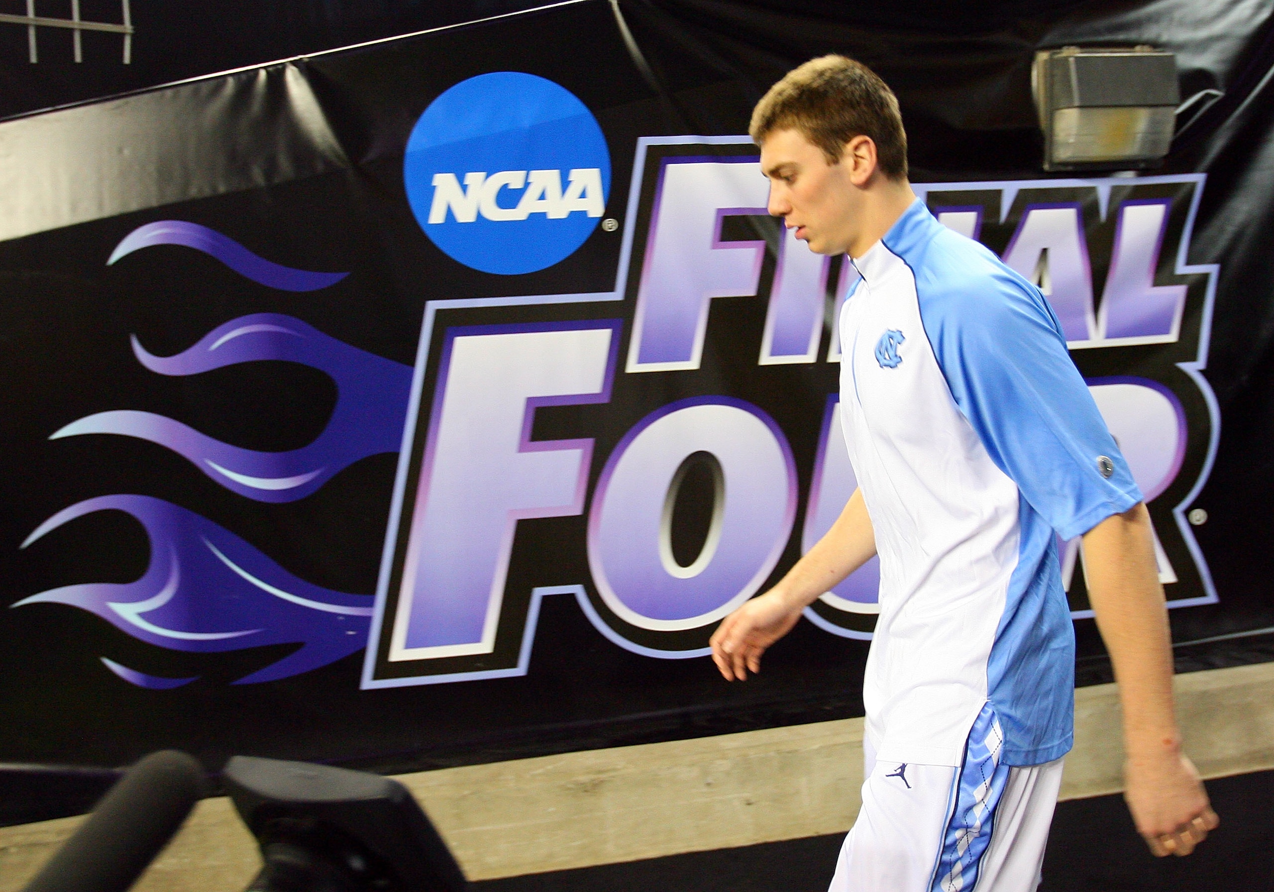 DETROIT - APRIL 06:  Tyler Hansbrough #50 of the North Carolina Tar Heels walks out towards the court the Michigan State Spartans during the 2009 NCAA Division I Men's Basketball National Championship game at Ford Field on April 6, 2009 in Detroit, Michig