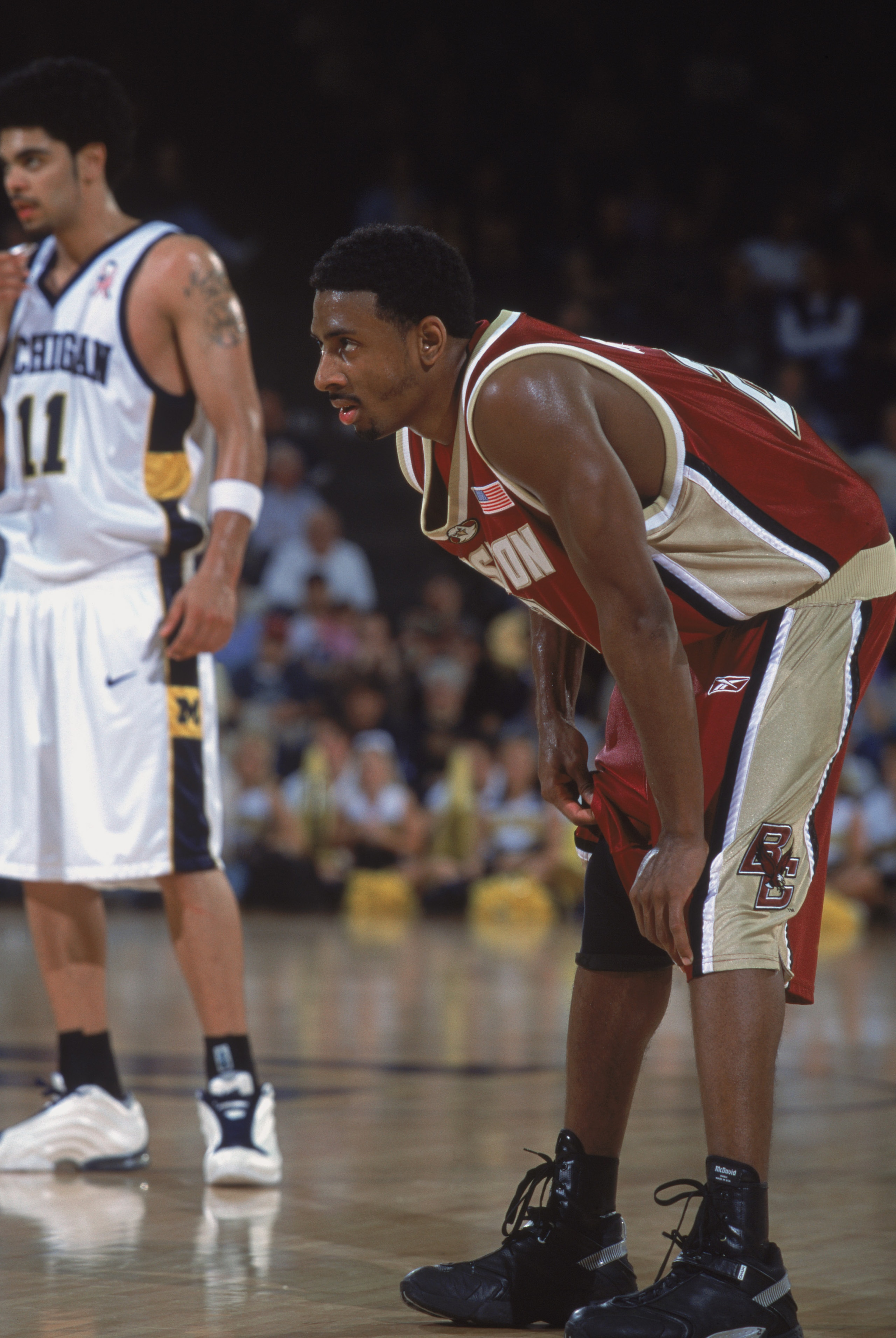 01 Dec 2001:  Guard Troy Bell #2 of the Boston College Eagles watches the action along with guard Dommanic Ingerson #11 of the Michigan Wolverines during the NCAA game at Crisler Arena in Ann Arbor, Michigan.  Boston College defeated Michigan 83-74.  Mand