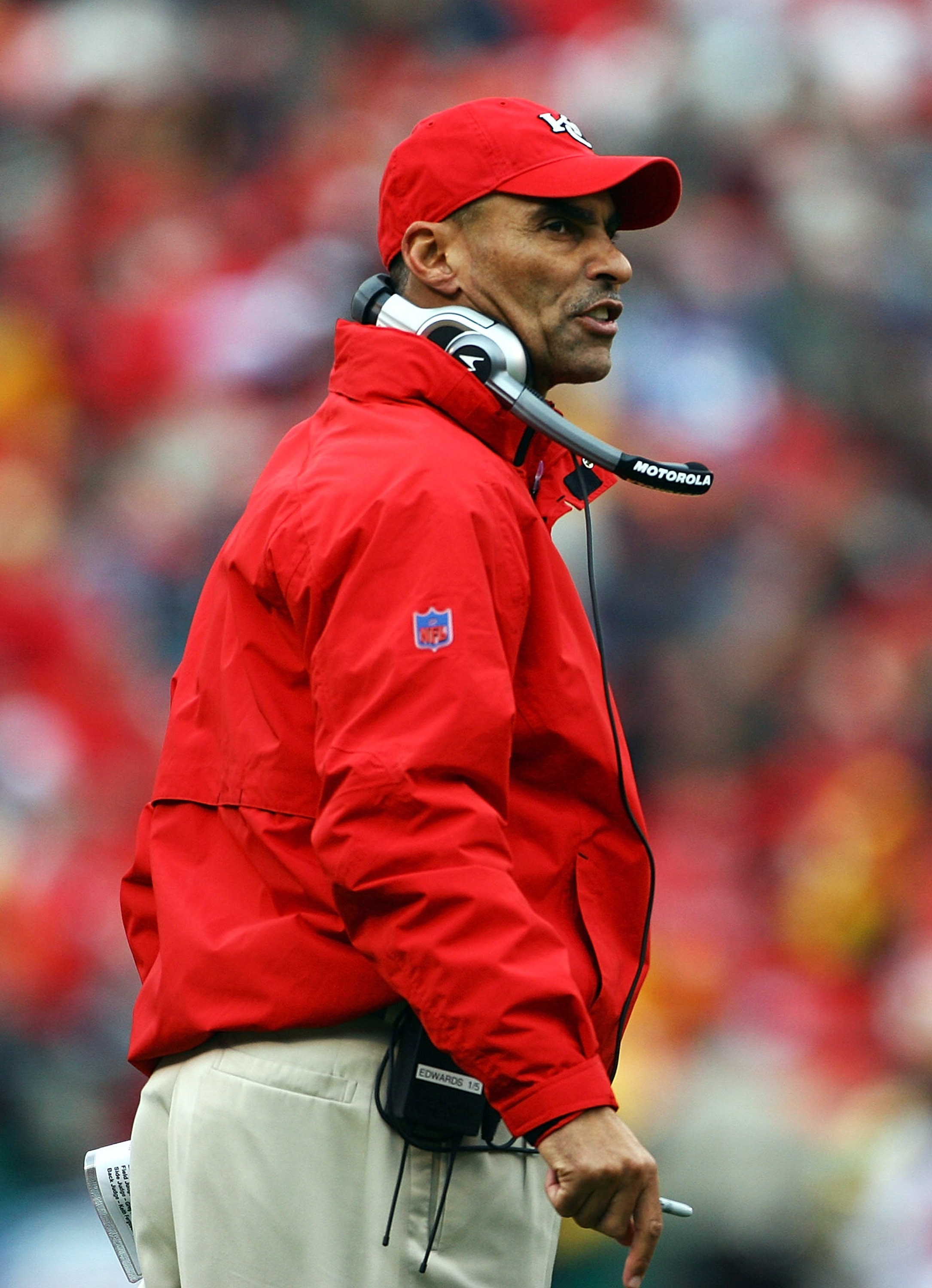 KANSAS CITY, MO - NOVEMBER 23:  Head coach Herm Edwards of the Kansas City Chiefs looks on from the sidelines during the game against the Buffalo Bills on November 23, 2008 at Arrowhead Stadium in Kansas City, Missouri.  (Photo by Jamie Squire/Getty Image
