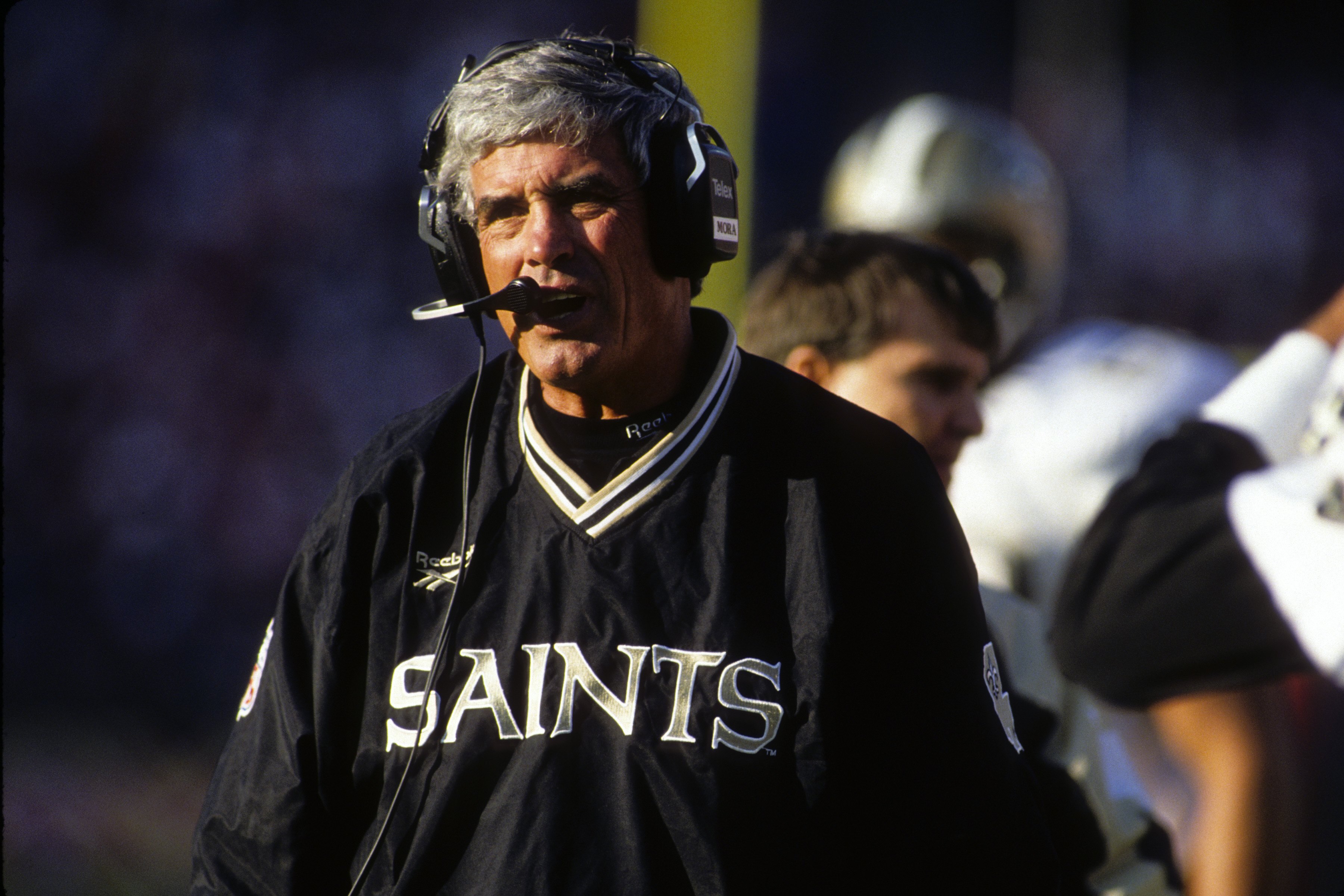SAN FRANCISCO - OCTOBER 29:  Head coach Jim Mora of the New Orleans Saints watches the action from the sideline during the game against the San Francisco 49ers at Candlestick Park on October 29, 1995 in San Francisco, California.  The Saints won 11-7.  (P