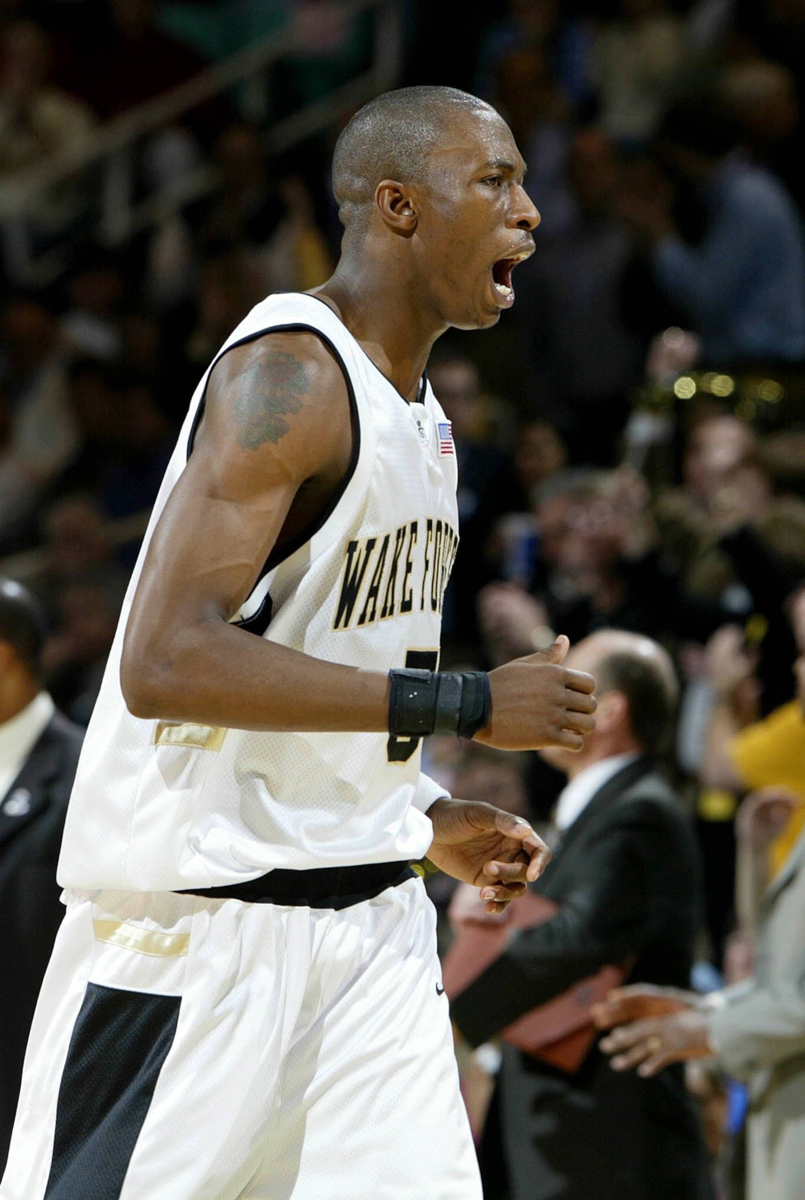 GREENSBORO, NC - MARCH 14:  Josh Howard #5 of the Wake Forest Deamon Deacons yells during their quarterfinal game of the ACC Tournament versus the Florida State Seminoles on March 14, 2003 at the Greensboro Coliseum in Greensboro, North Carolina.  (Photo