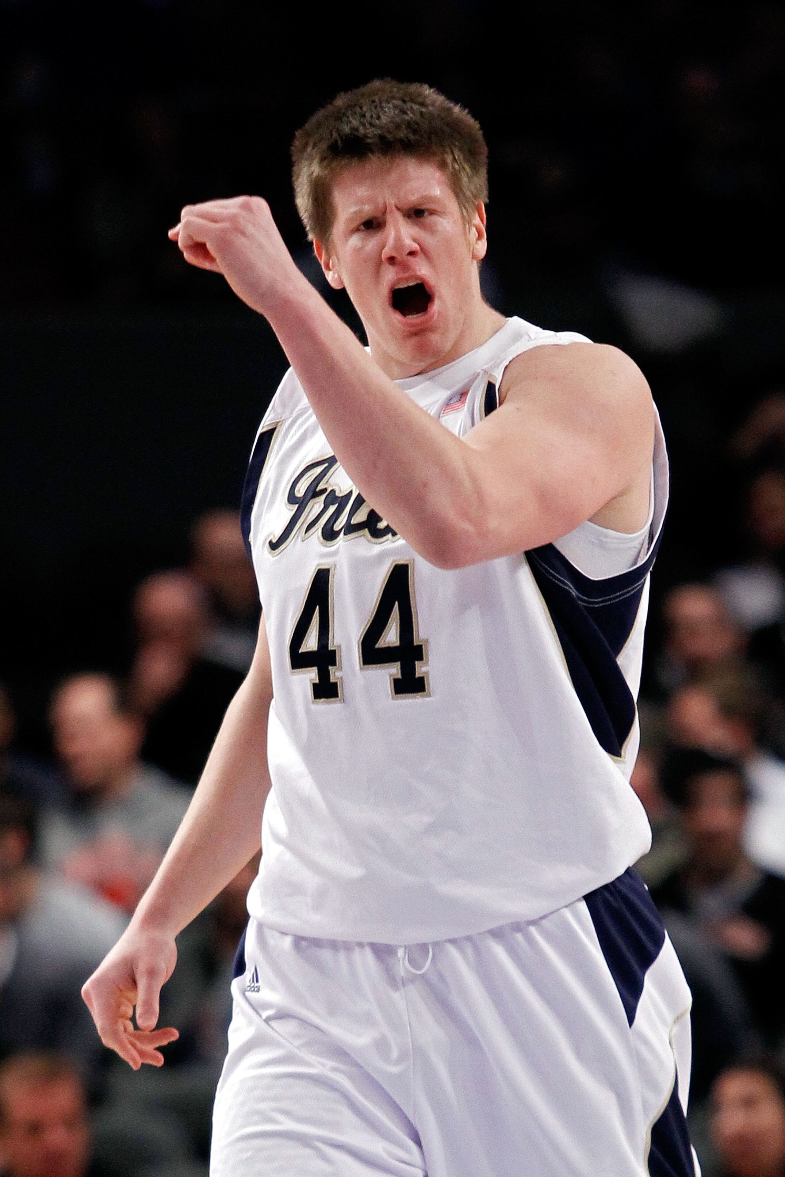 NEW YORK - MARCH 10:  Luke Harangody #44 of the Notre Dame Fighting Irish reacts after a point against the Seton Hall Pirates during the second round of 2010 NCAA Big East Tournament at Madison Square Garden on March 10, 2010 in New York City.  (Photo by