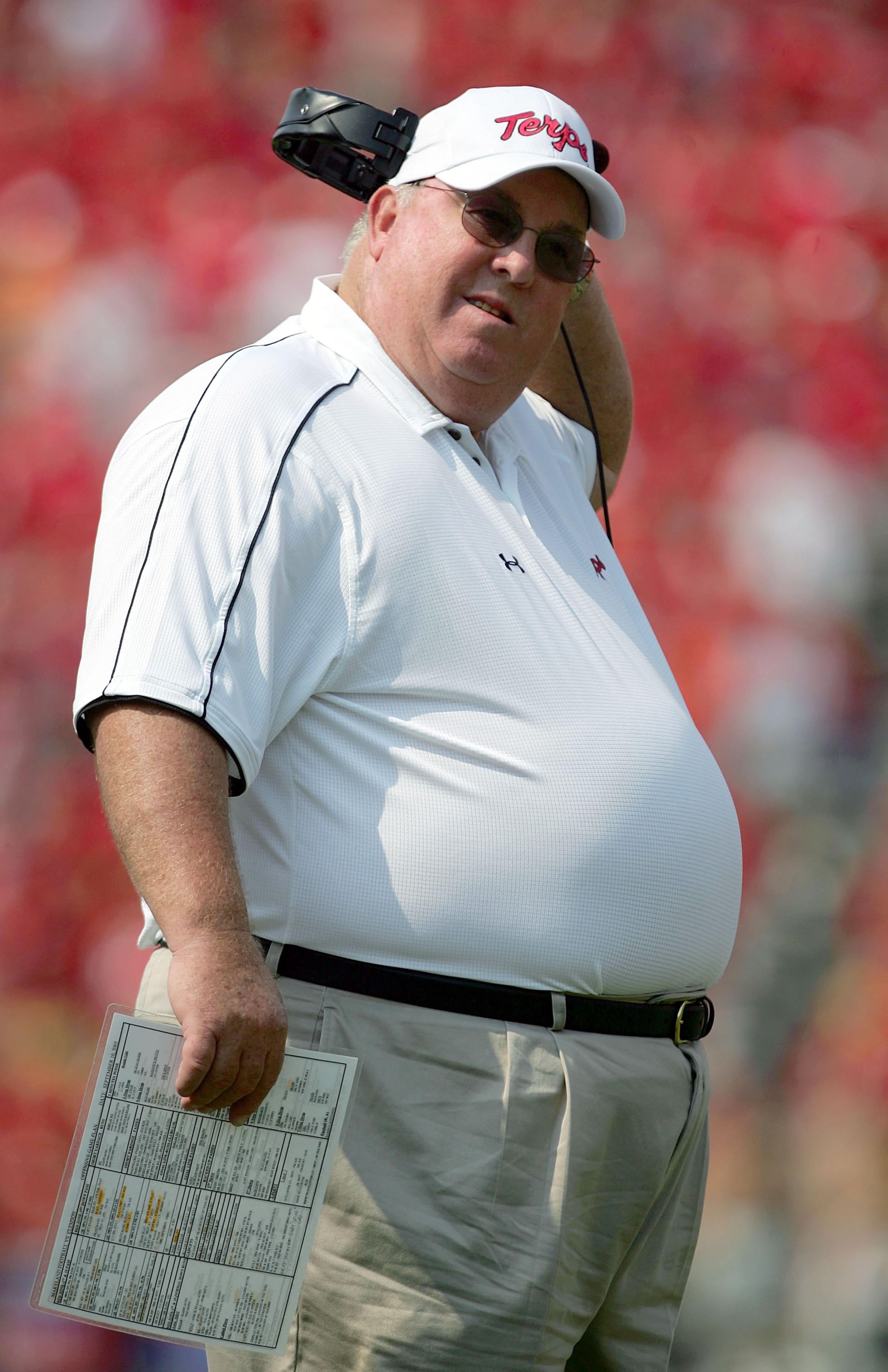 COLLEGE PARK, MD - SEPTEMBER 10:  Head coach Ralph Friedgen of the Maryland Terrapins removes his headset as he watched his team loose their lead over the Clemson Tigers as the Tigers defeated the Terps 28-24 at Byrd Stadium on September 10, 2005 in Colle