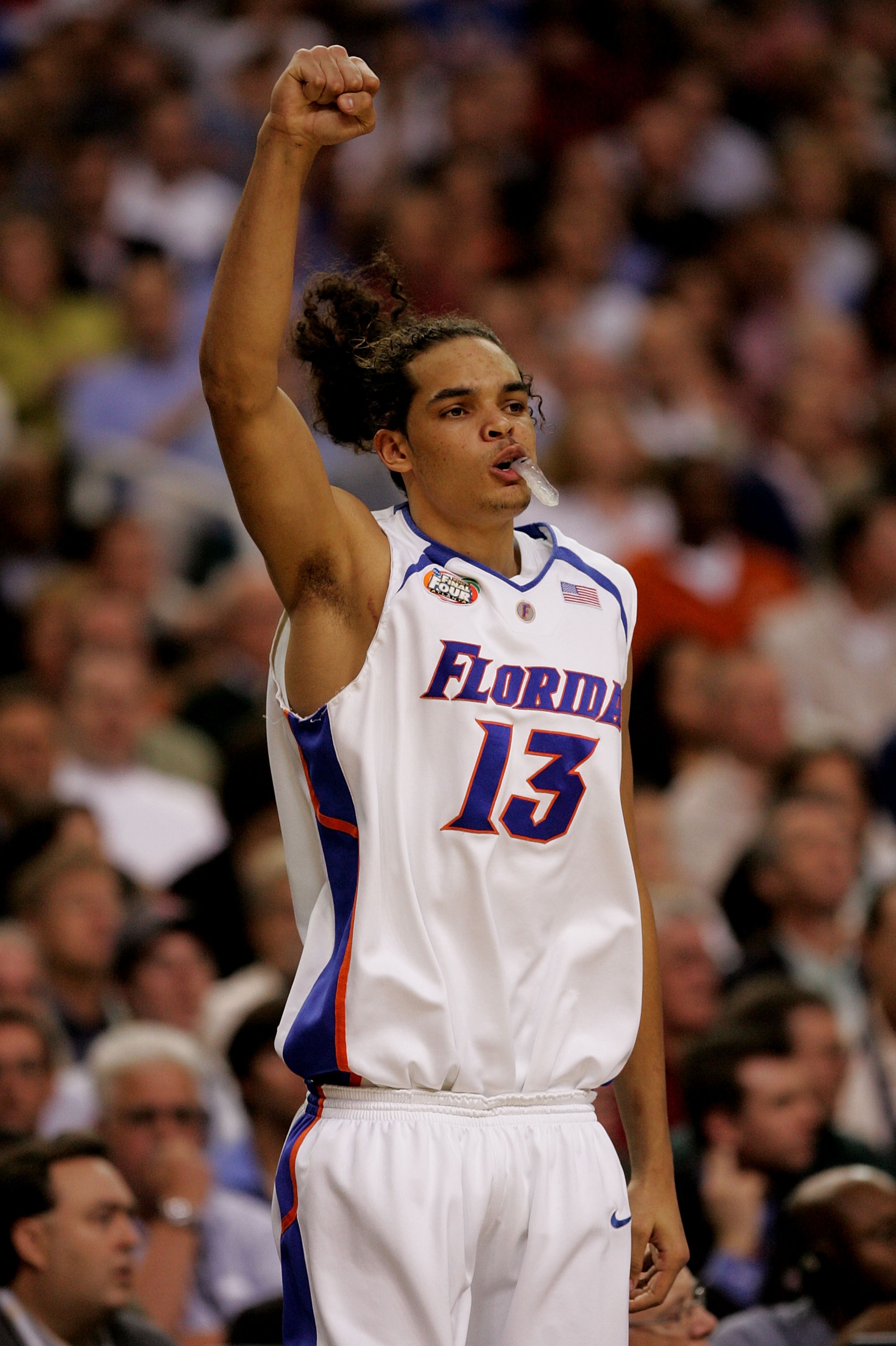 ATLANTA - APRIL 02:  Joakim Noah #13 of the Florida Gators reacts to a play against the Ohio State Buckeyes during the NCAA Men's Basketball Championship game at the Georgia Dome on April 2, 2007 in Atlanta, Georgia.  (Photo by Andy Lyons/Getty Images)