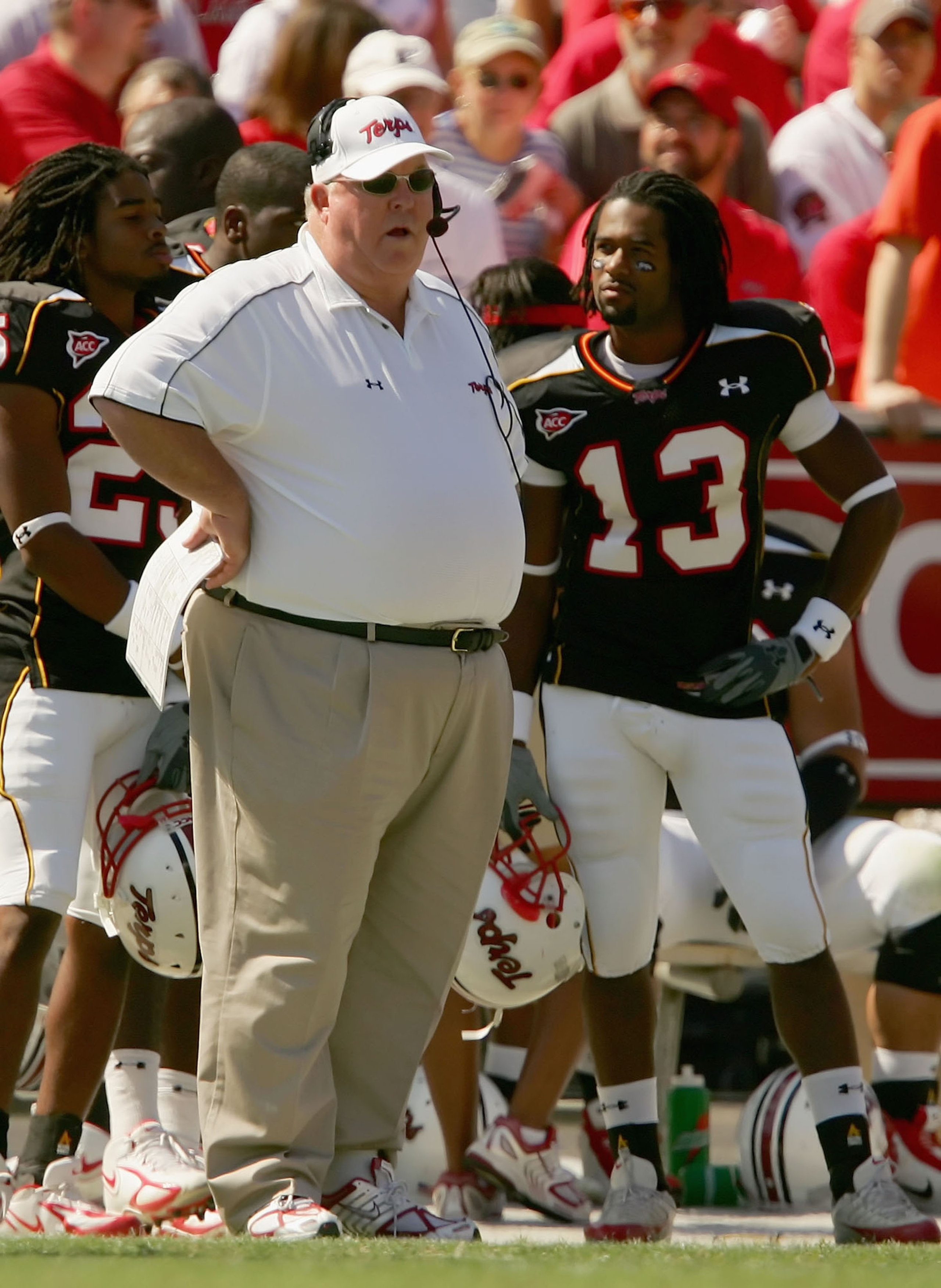 COLLEGE PARK, MD - OCTOBER 1:  Head coach Ralph Friedgen of the University of Maryland Terrapins rwatches his team take on the University of Virginia Cavaliers on October 1, 2005 at Byrd Stadium in College Park, Maryland.  Maryland won 45-33.  (Photo by L