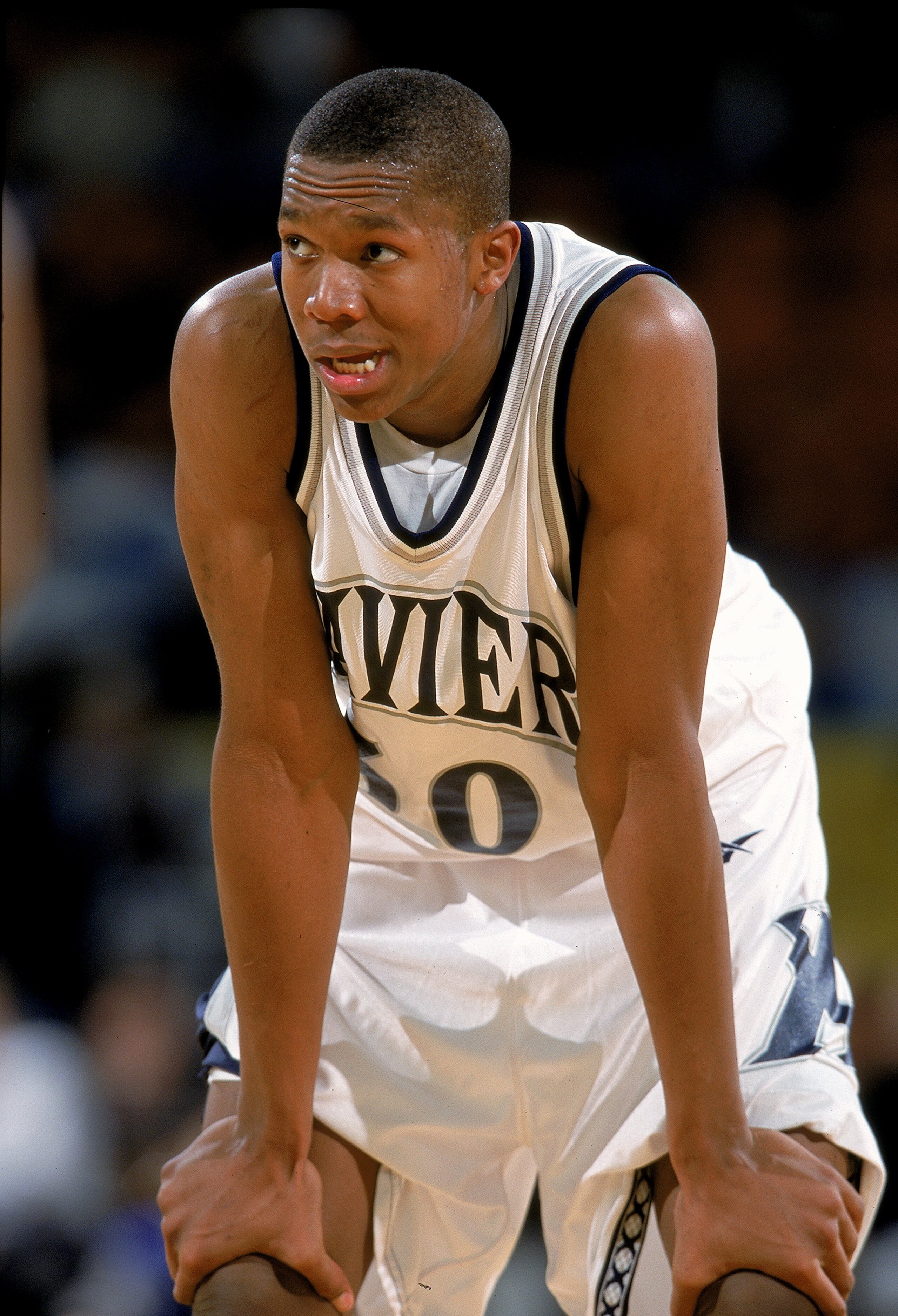 27 Nov 1999: David West #30 of the Xavier Musketeers rests on the court during the Great Alaska Shootout against the Washington Huskies at the Sullivan Arena in Anchorage, Alaska. The Musketeers defeated the Huskies 81-65. Mandatory Credit: Otto Greule Jr