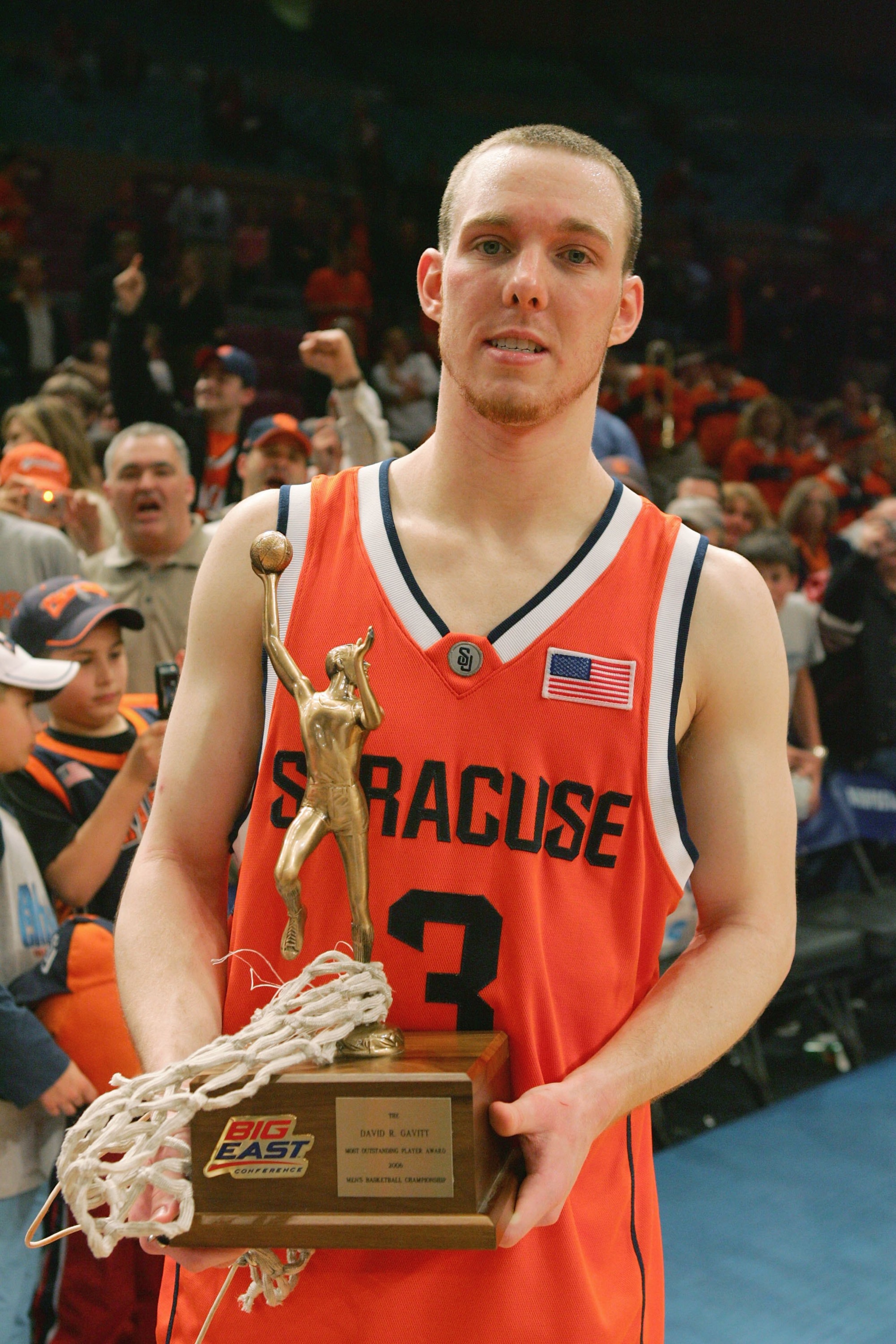 NEW YORK - MARCH 11:  Gerry McNamara #3 of the Syracuse Orange poses with his Big East MVP trophy after defeating the Pittsburgh Panthers 65-61 in the Big East Men's Basketball Championship Final at Madison Square Garden on March 11, 2006 in New York City
