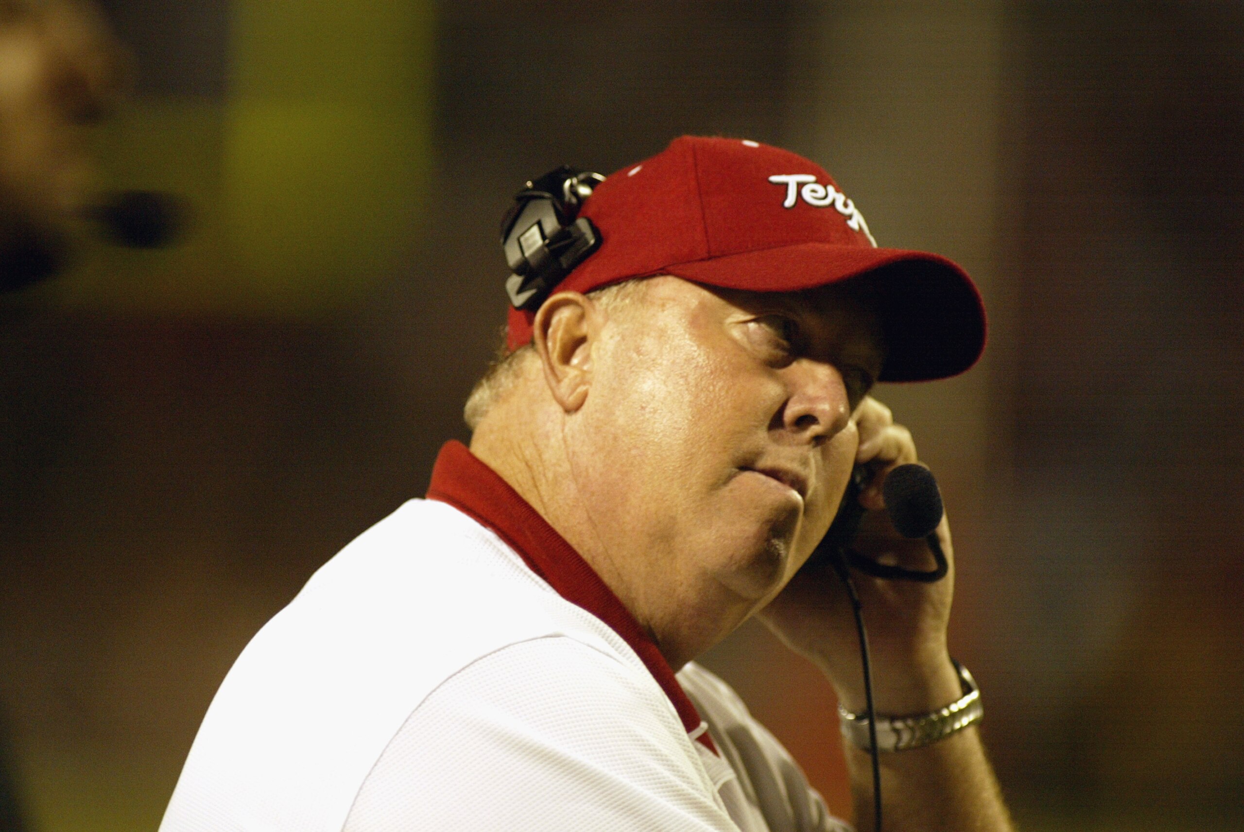 COLLEGE PARK, MARYLAND - SEPTEMBER  14:  Ralph Friedgen head coach of the University of Maryland Terrapins removes his headset during the ACC game against the Florida State University Seminoles on September 14, 2002 at Byrd Stadium in College Park, Maryla