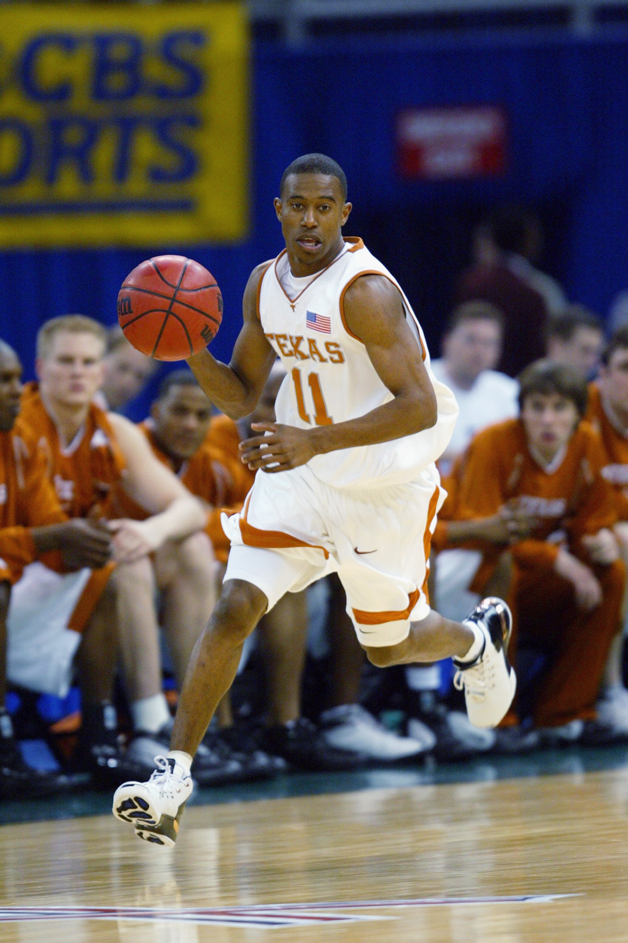 NEW ORLEANS - APRIL 5:  T.J. Ford #11 of the University of Texas at Austin Longhorns drives against the Syracuse University Orangeman during the semifinal round of the NCAA Final Four Tournament at the Louisiana Superdome on April 5, 2003 in New Orleans,