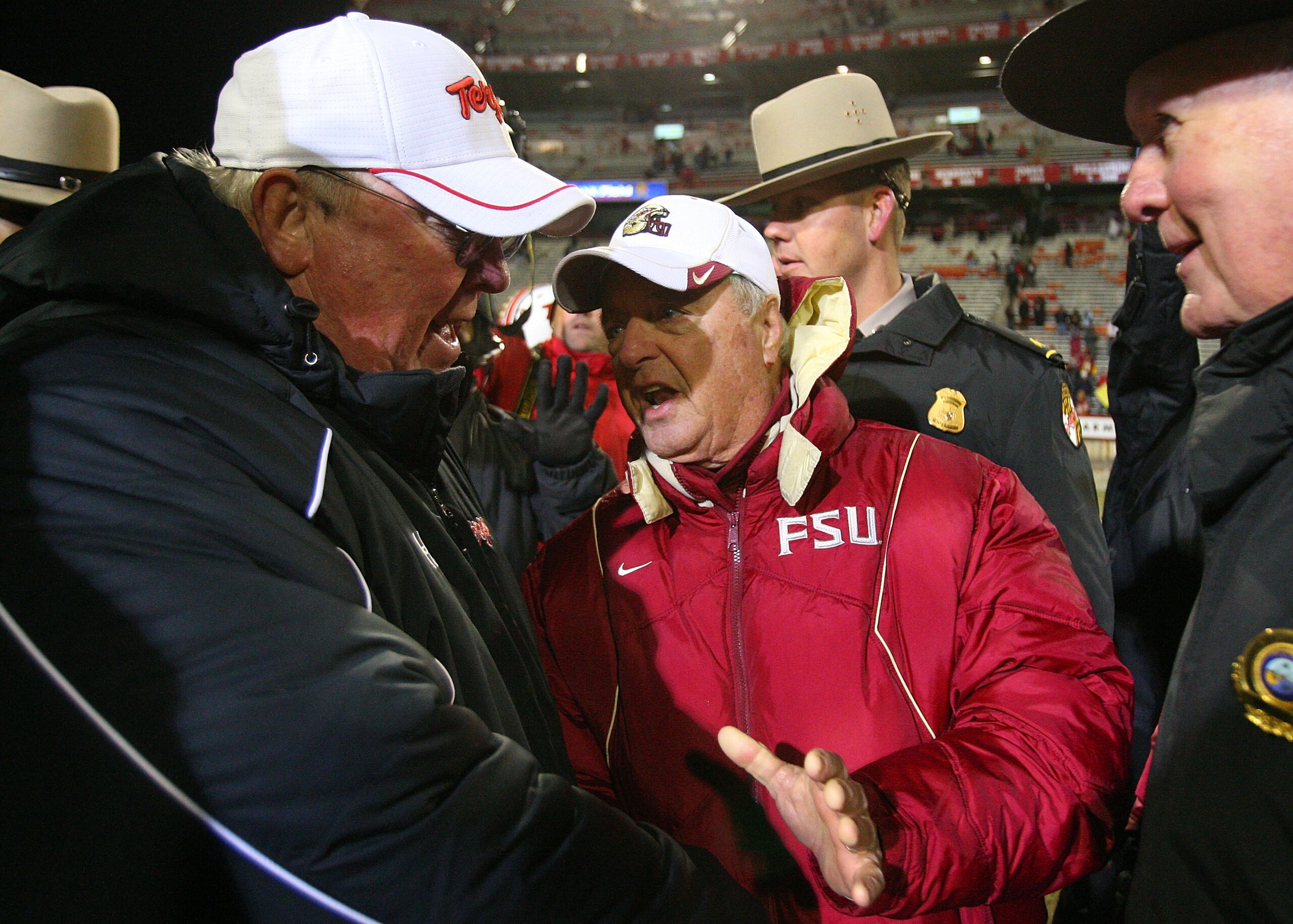 COLLEGE PARK, MD - NOVEMBER 22:  Head coach Bobby Bowden of the Florida State Seminoles meets with head coach Ralph Friedgen of the Maryland Terrapins after their game on November 22, 2008 at Byrd Stadium in College Park, Maryland.  (Photo by Jim McIsaac/