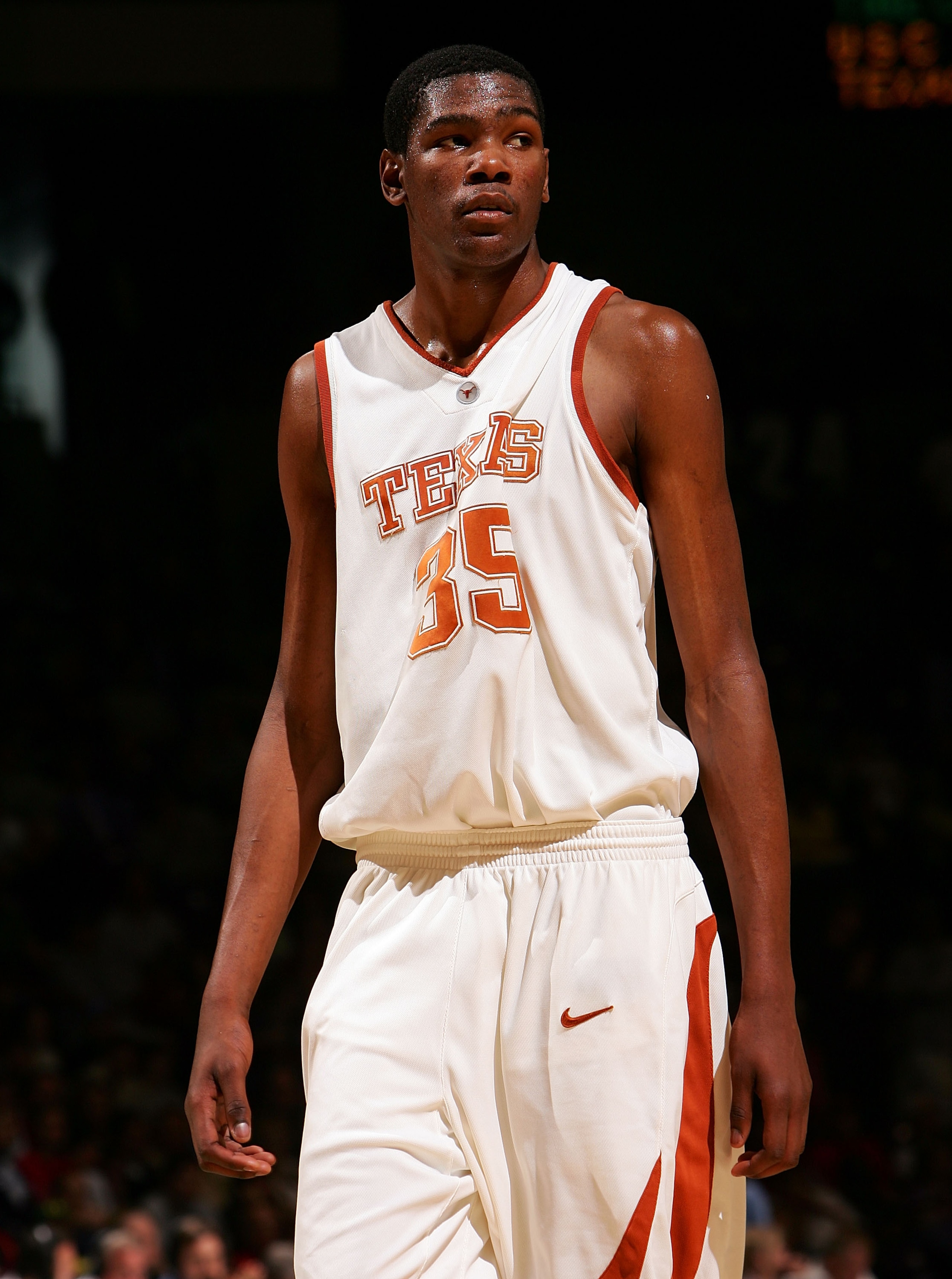 SPOKANE, WA - MARCH 18:  Kevin Durant #35 of the Texas Longhorns looks on during a break in game action in the second round of the NCAA Men's Basketball Tournament against the USC Trojans at Spokane Memorial Arena on March 18, 2007 in Spokane, Washington.