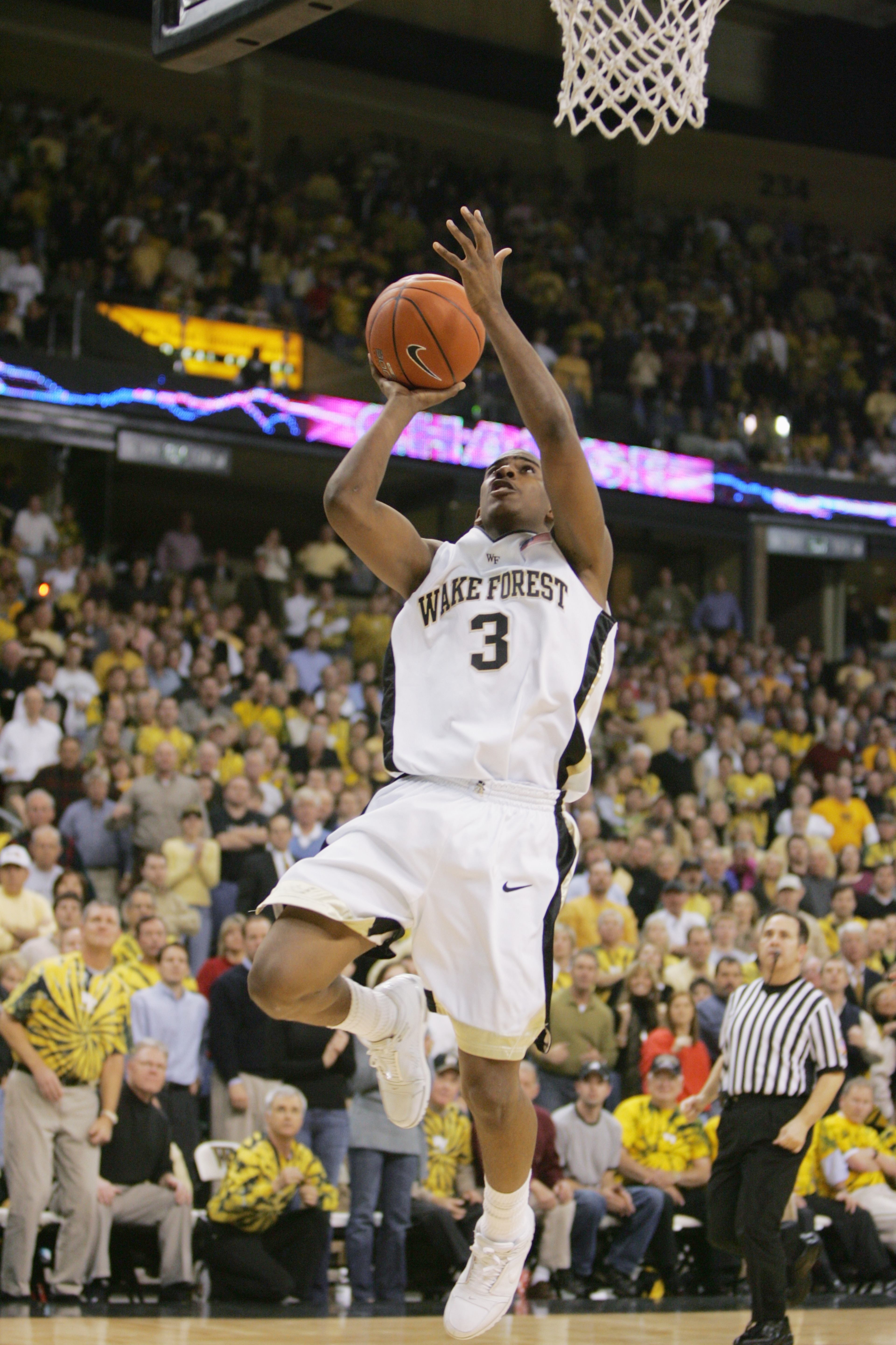 WINSTON-SALEM, NC - MARCH 02: Chris Paul #3 of the Wake Forest Demon Deacons lays up a shot during the game against the Georgia Tech Yellow Jackets on March 2, 2005 at Lawrence Joel Veterans Memorial Coliseum in Winston-Salem, North Carolina. (Photo by S WINSTON-SALEM, NC - MARCH 02: Chris Paul #3 of the Wake Forest Demon Deacons lays up a shot during the game against the Georgia Tech Yellow Jackets on March 2, 2005 at Lawrence Joel Veterans Memorial Coliseum in Winston-Salem, North Carolina. (Photo by S