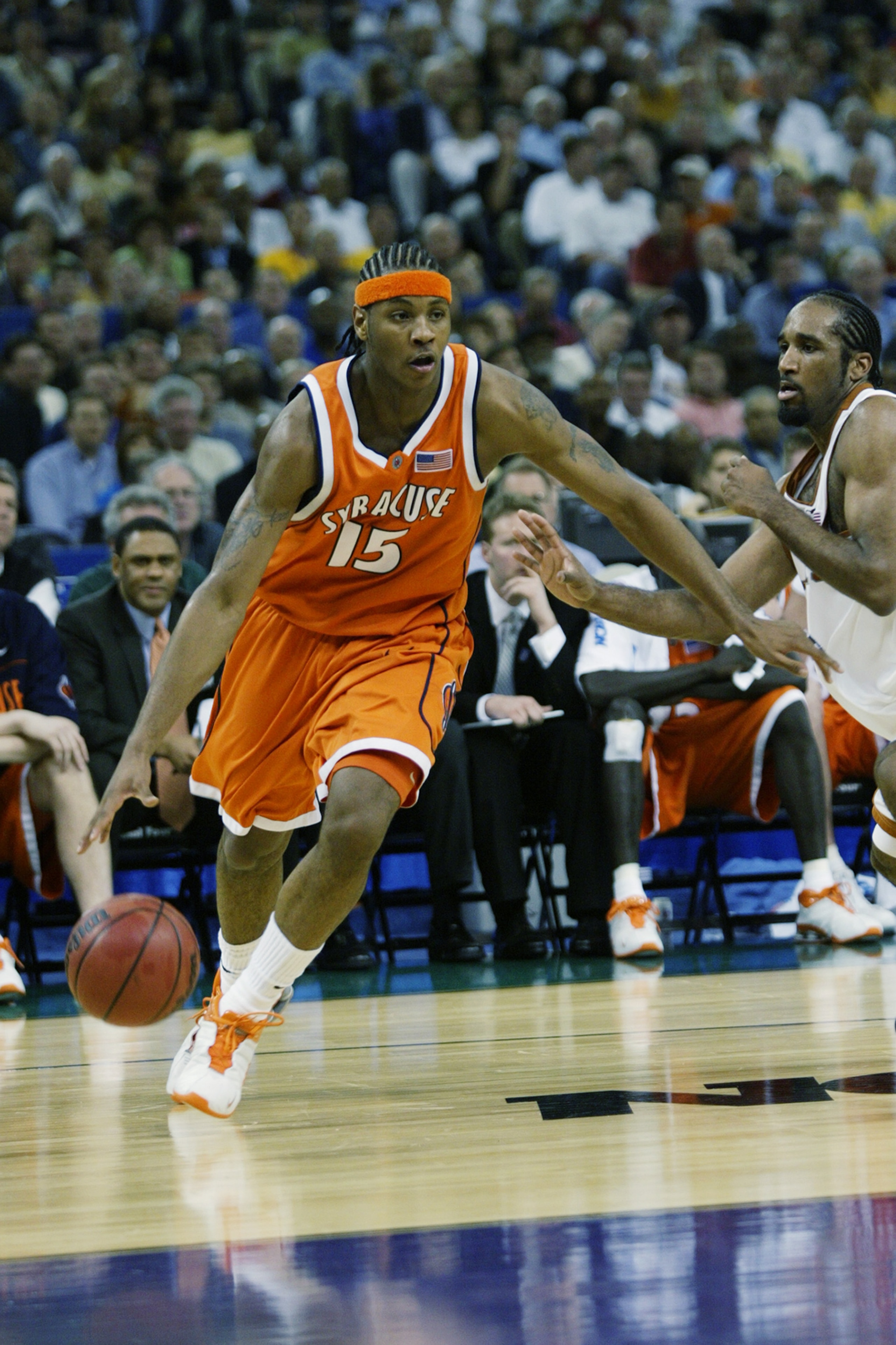 NEW ORLEANS - APRIL 5:  Carmelo Anthony #15 of the Syracuse University Orangeman drives during the semifinal round of the NCAA Final Four Tournament against the University of Texas at Austin Longhorns at the Louisiana Superdome on April 5, 2003 in New Orl