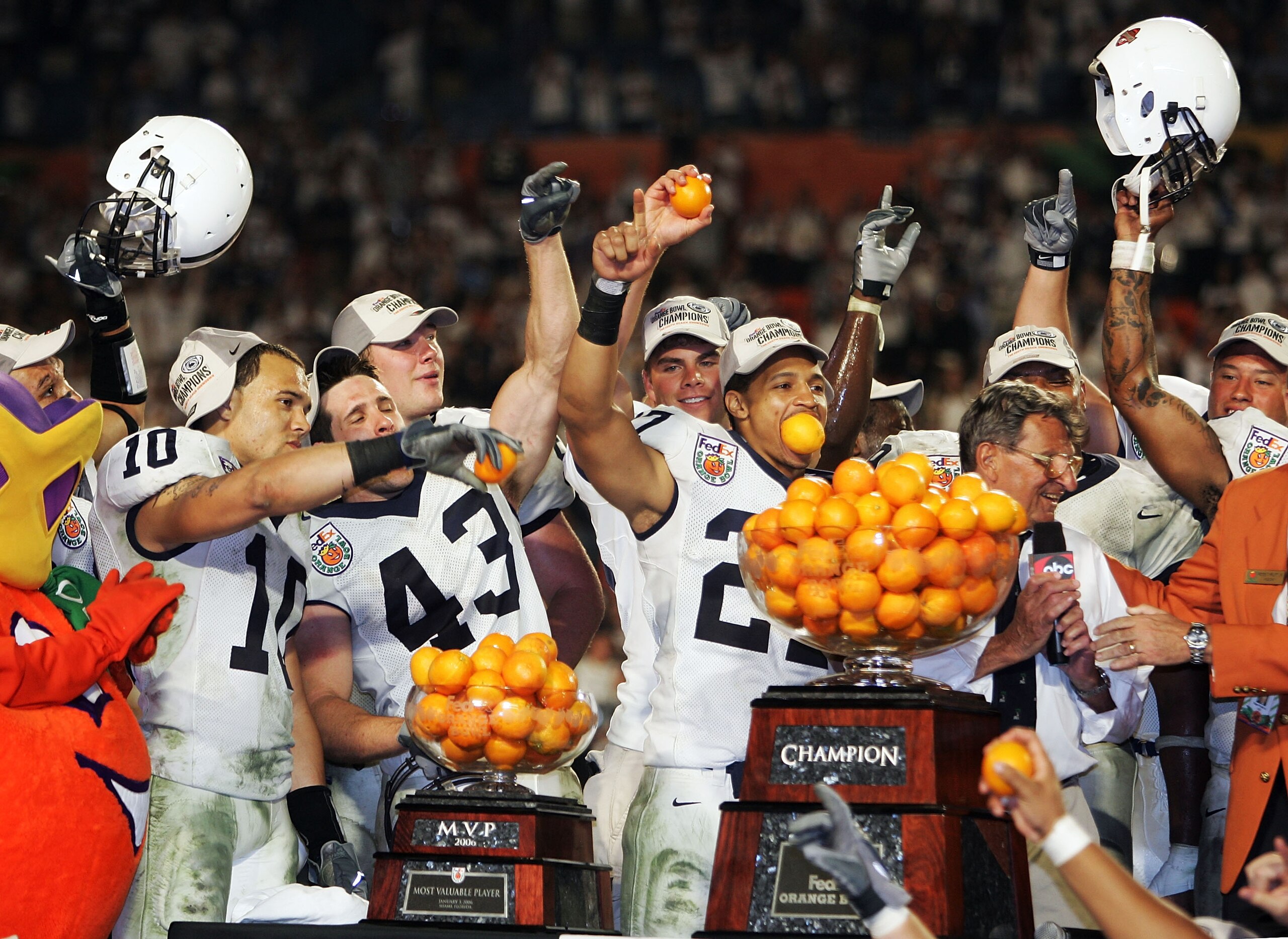 MIAMI - JANUARY 04: Head coach Joe Paterno of the Penn State Nittany Lions celebrates with his team after defeating the Florida State Seminoles in the FedEx Orange Bowl at Dolphins Stadium on January 4, 2006 in Miami, Florida. Penn State defeated Florida MIAMI - JANUARY 04: Head coach Joe Paterno of the Penn State Nittany Lions celebrates with his team after defeating the Florida State Seminoles in the FedEx Orange Bowl at Dolphins Stadium on January 4, 2006 in Miami, Florida. Penn State defeated Florida