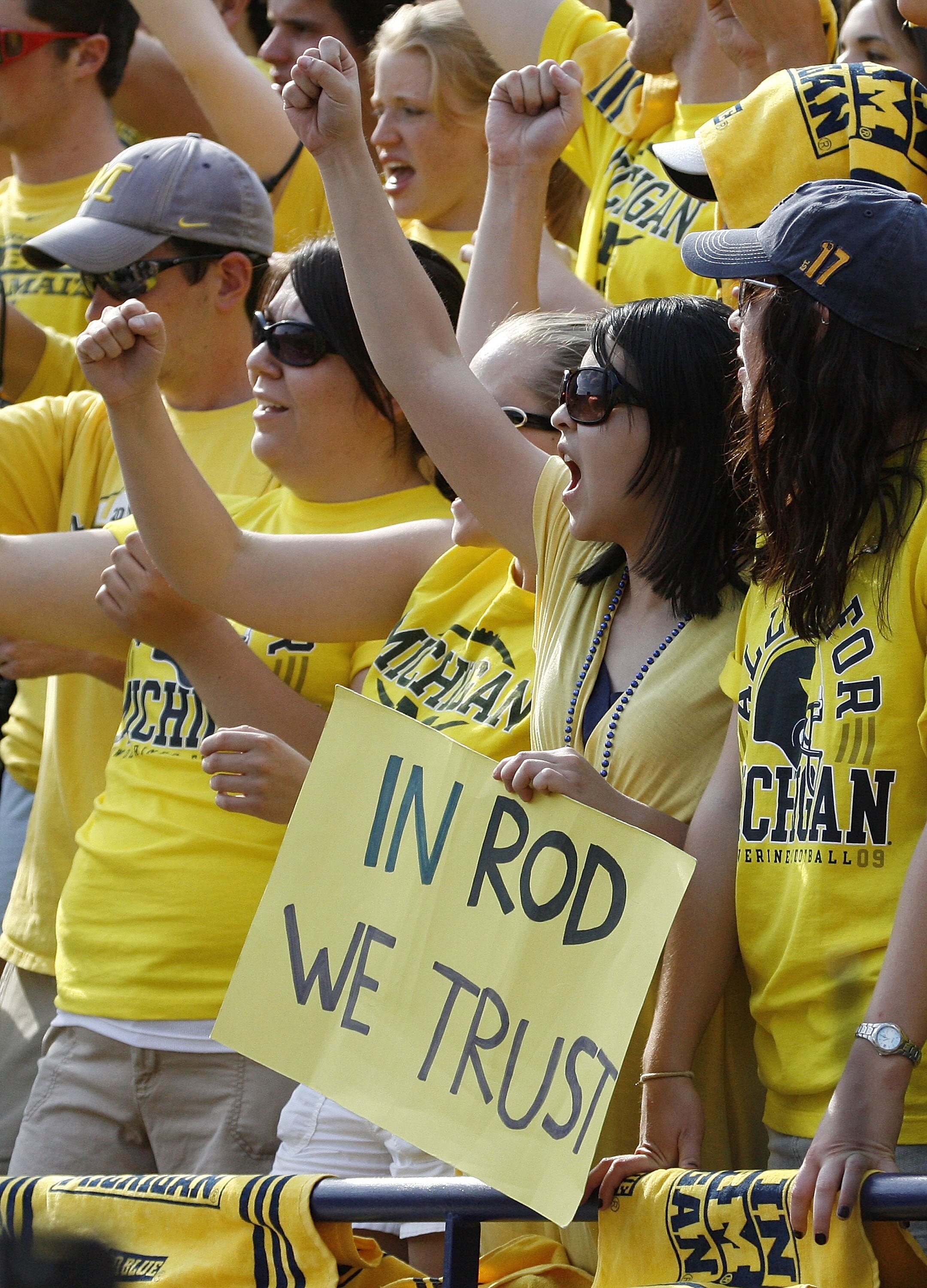 ANN ARBOR, MI - SEPTEMBER 05:  A fan in the student section holds up a sign supporting head coach Rich Rodriguez during a game between the Western Michigan Broncos and the Michigan Wolverines on September 5, 2009 at Michigan Stadium in Ann Arbor, Michigan