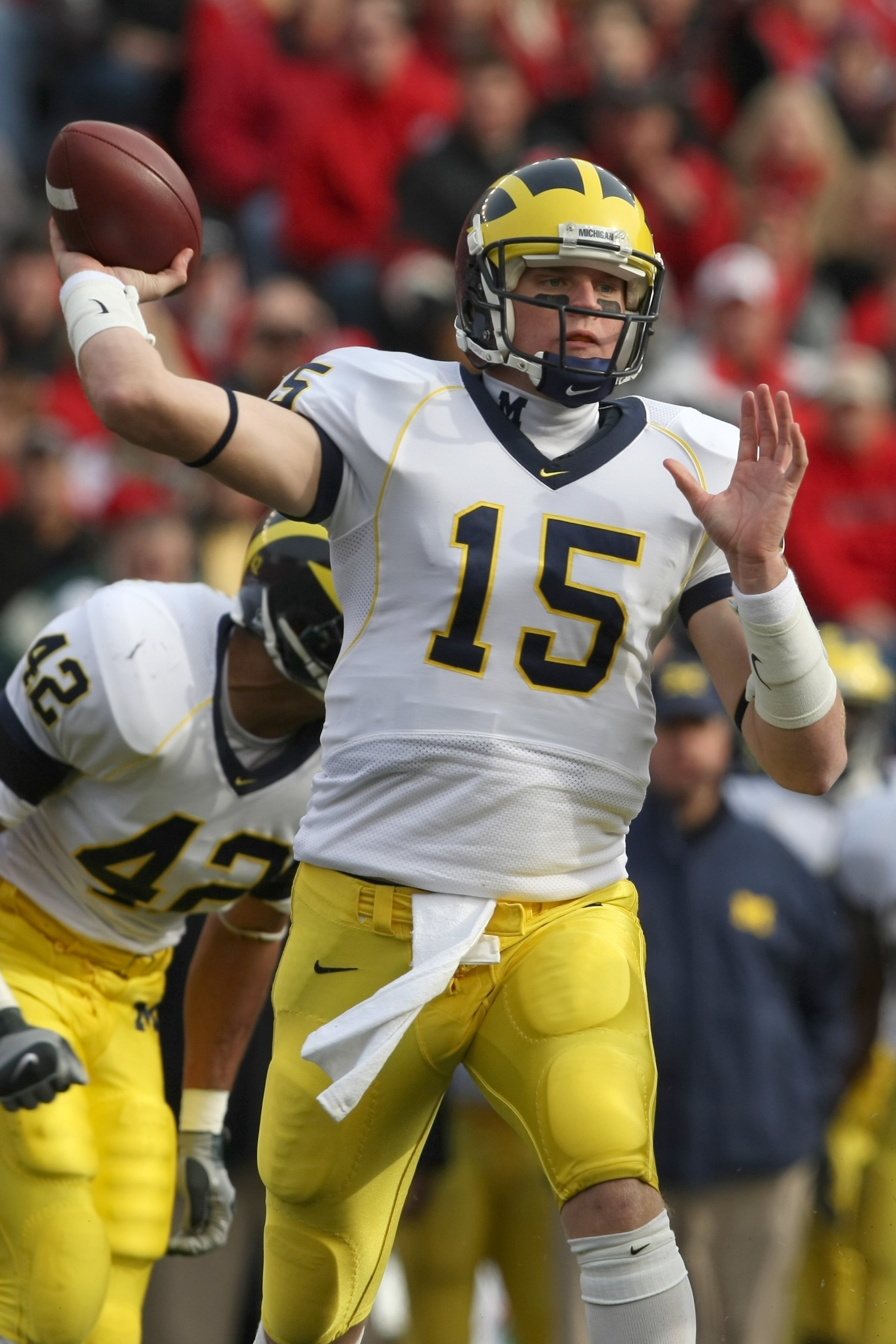 MADISON - NOVEMBER 10:  Ryan Mallett #15 of the Michigan Wolverines faes back to pass during the game against the Wisconsin Badgers at Camp Randall Stadium on November 10, 2007 in Madison, Wisconsin. (Photo by Jonathan Daniel/Getty Images)