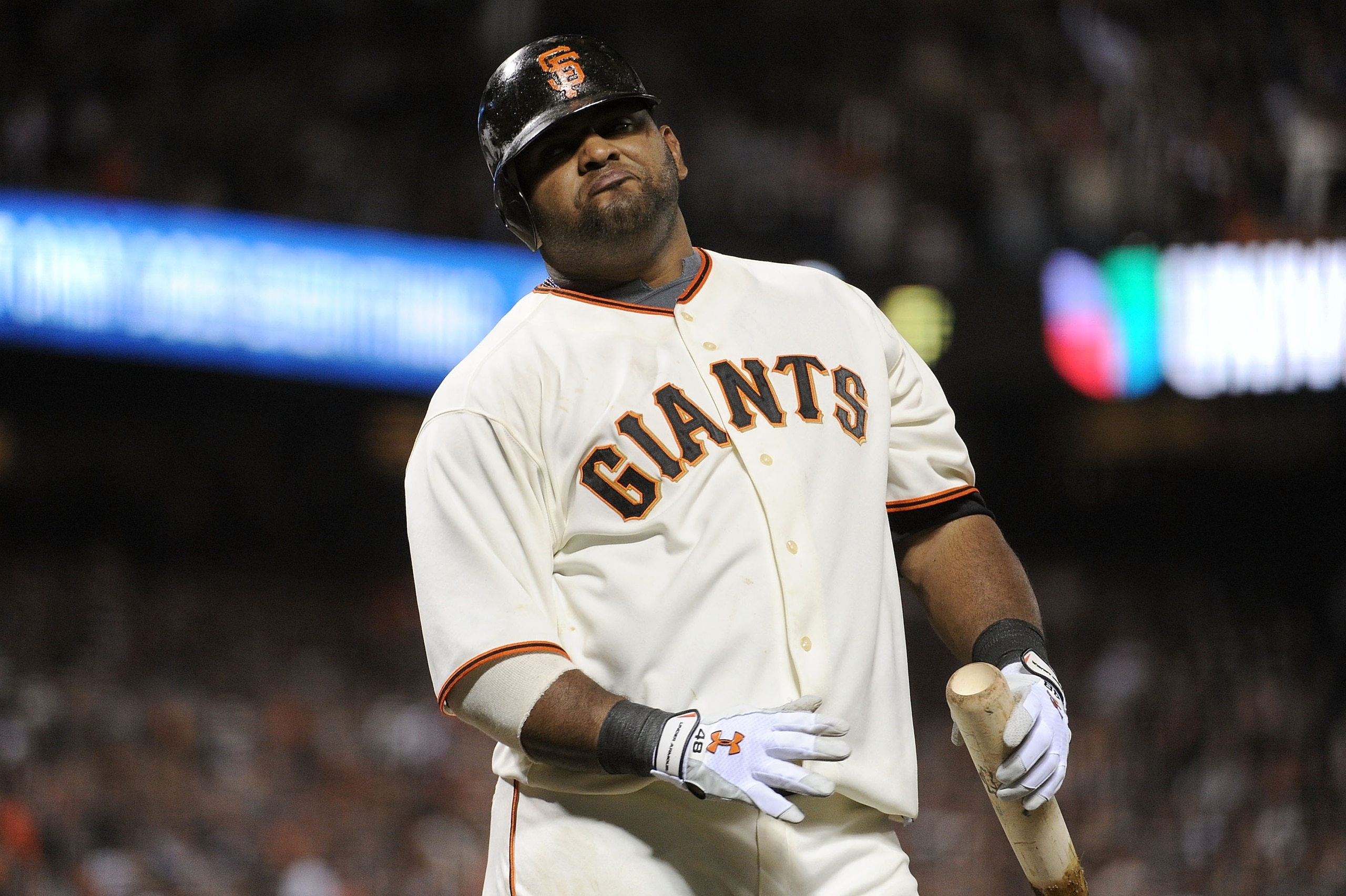 SAN FRANCISCO - OCTOBER 20:  Pablo Sandoval #48 of the San Francisco Giants reacts during an at-bat against the Philadelphia Phillies in Game Four of the NLCS during the 2010 MLB Playoffs at AT&T Park on October 20, 2010 in San Francisco, California.  (Ph