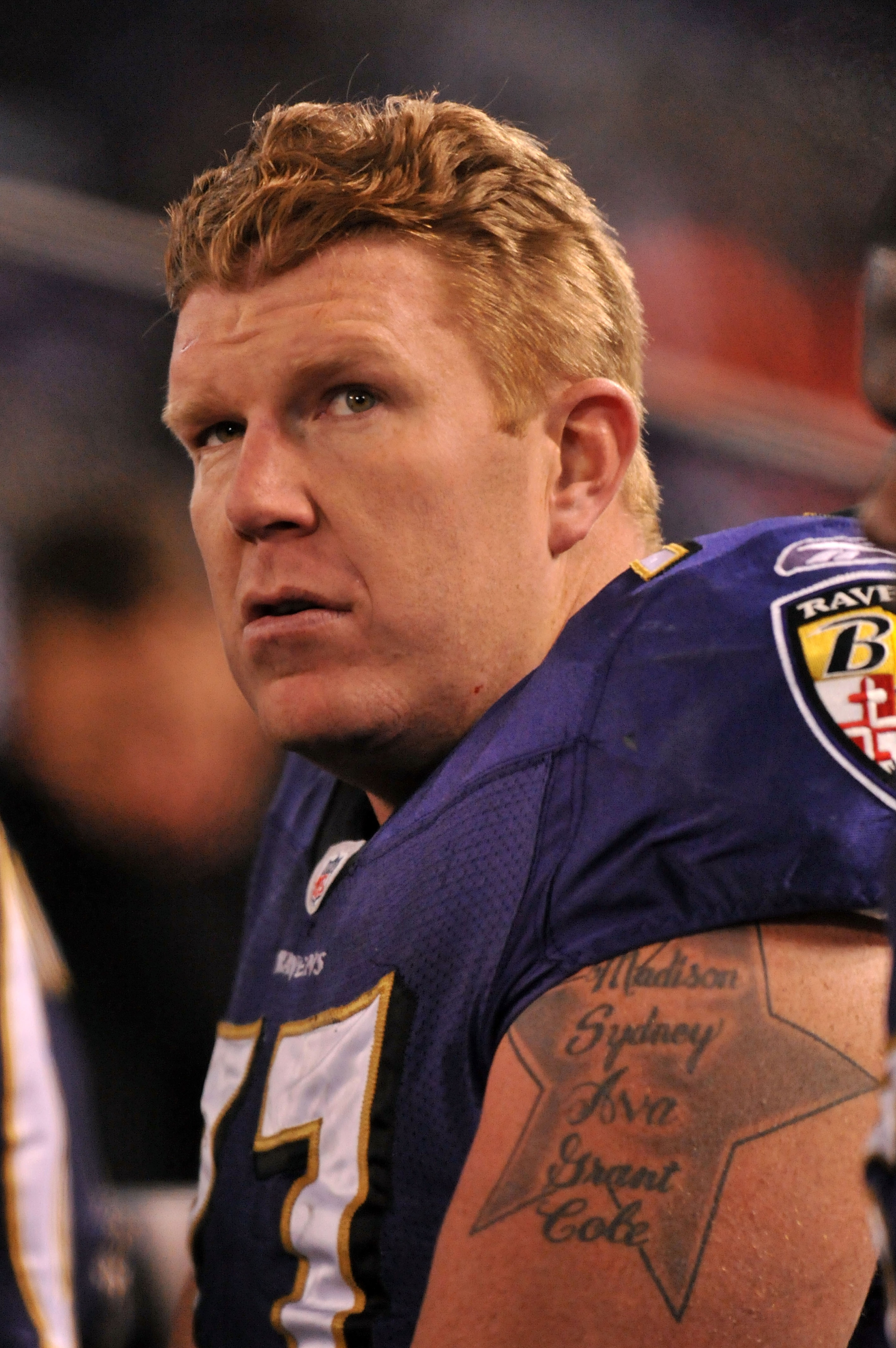BALTIMORE, MD - DECEMBER 05:  Center Matt Birk #77 of the Baltimore Ravens looks on from the sidelines during the third quarter of the game against the Pittsburgh Steelers at M&T Bank Stadium on December 5, 2010 in Baltimore, Maryland.  (Photo by Larry Fr