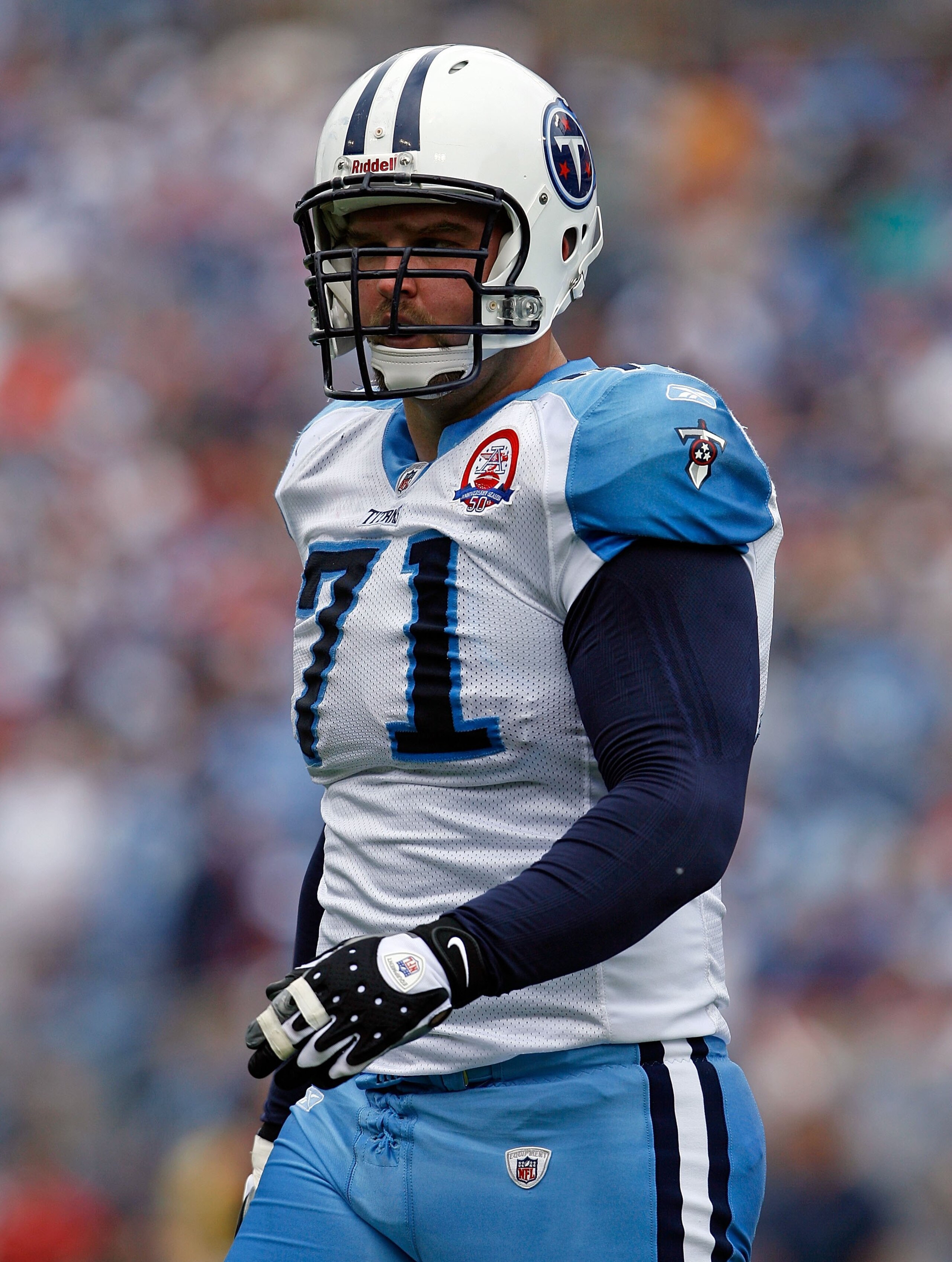 NASHVILLE, TN - SEPTEMBER 20: Michael Roos #71 of the Tennessee Titans is pictured during the NFL game against the Houston Texans at LP Field on September 20, 2009 in Nashville, Tennessee. (Photo by Andy Lyons/Getty Images) NASHVILLE, TN - SEPTEMBER 20: Michael Roos #71 of the Tennessee Titans is pictured during the NFL game against the Houston Texans at LP Field on September 20, 2009 in Nashville, Tennessee. (Photo by Andy Lyons/Getty Images)