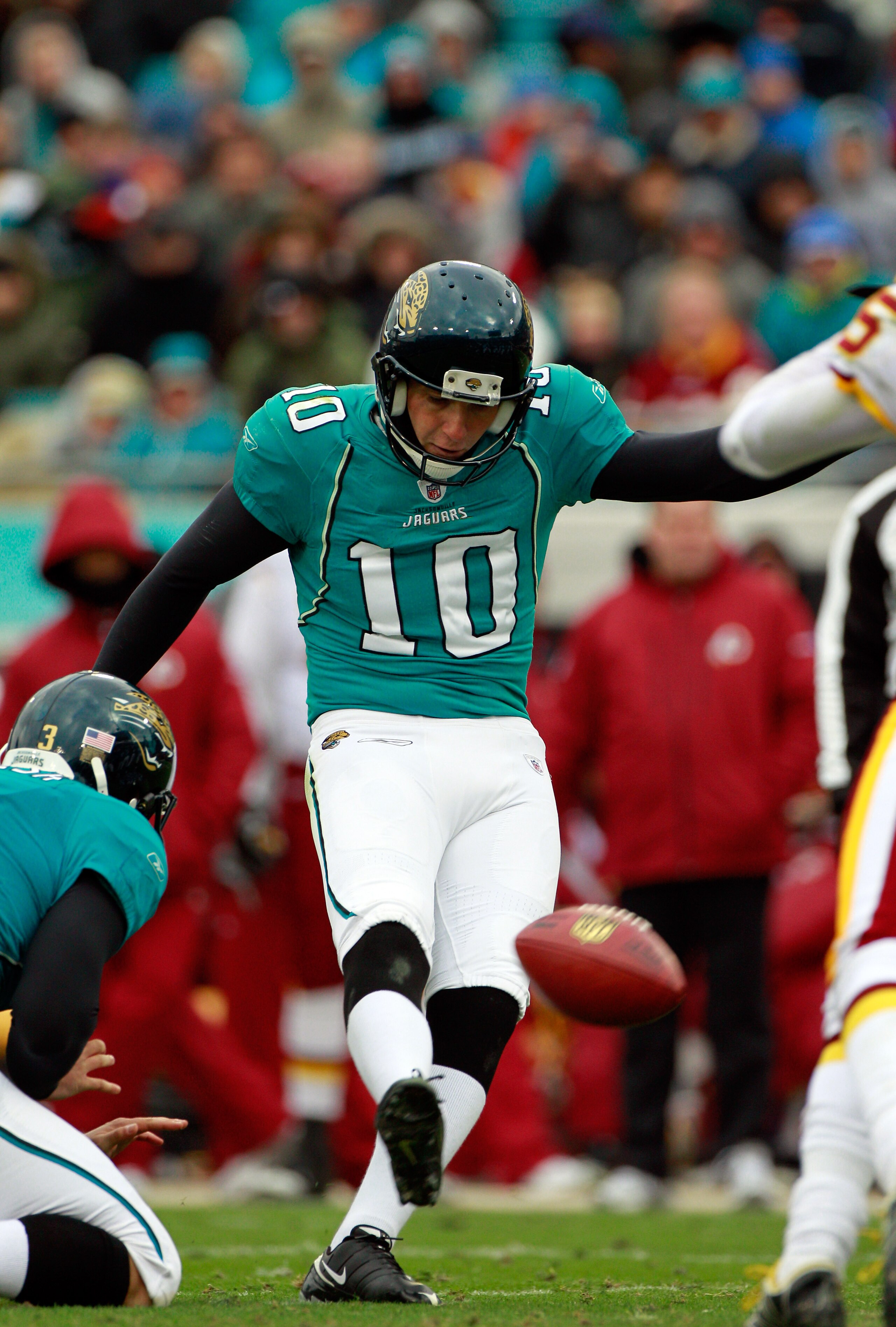 JACKSONVILLE, FL - DECEMBER 26: Josh Scobee #10 of the Jacksonville Jaguars attempts an extra point during the game against the Washington Redskins at EverBank Field on December 26, 2010 in Jacksonville, Florida. (Photo by Sam Greenwood/Getty Images) JACKSONVILLE, FL - DECEMBER 26: Josh Scobee #10 of the Jacksonville Jaguars attempts an extra point during the game against the Washington Redskins at EverBank Field on December 26, 2010 in Jacksonville, Florida. (Photo by Sam Greenwood/Getty Images)