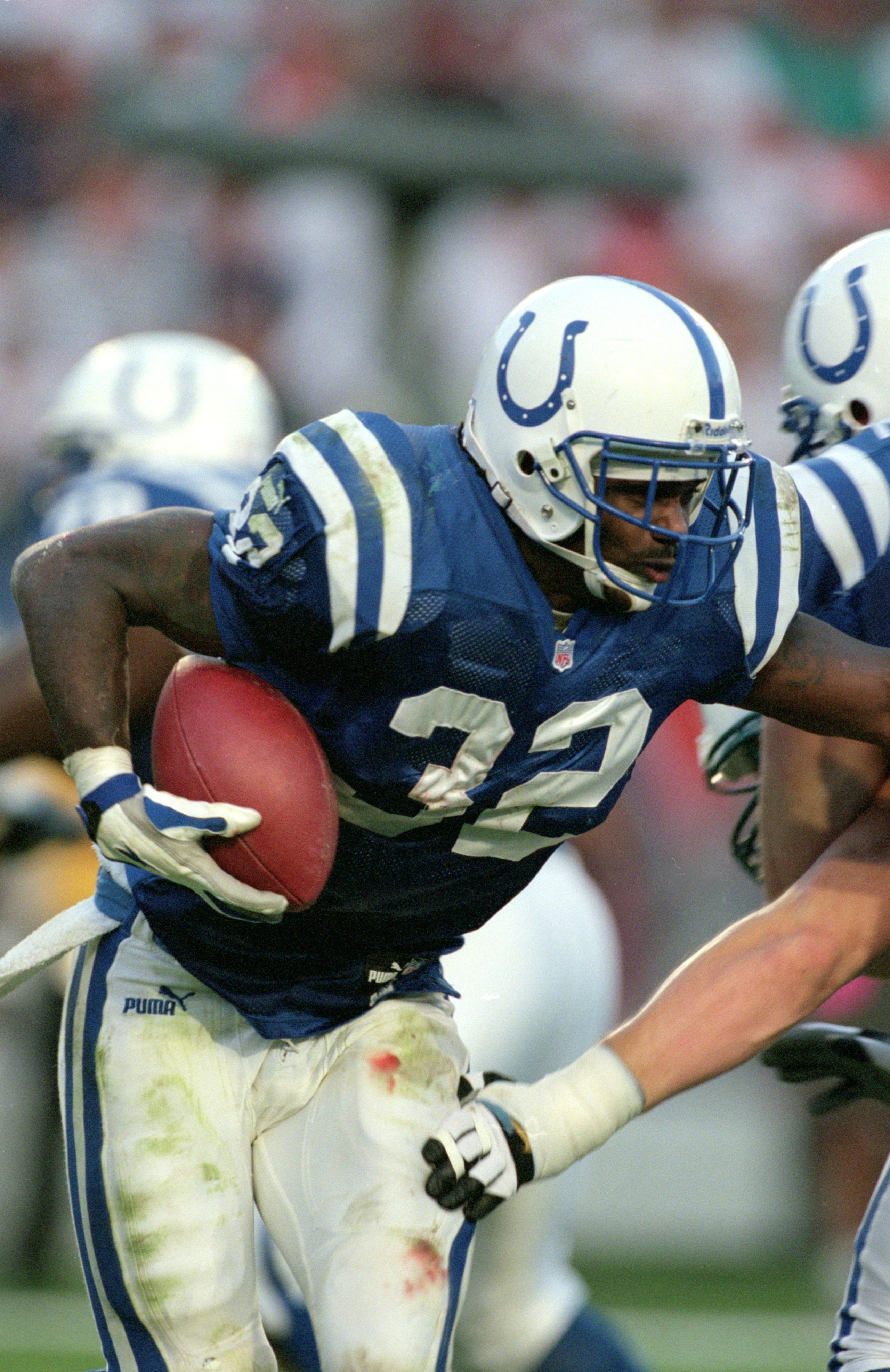 17 Dec 2000: Edgerrin James #32 of the Indianapolis Colts moves with the ball during the game against the Miami Dolphins at the Pro Player Stadium in Miami, Florida. The Colts defeated the Dolphins 20-13.Mandatory Credit: Eliot J. Schechter /Allsport 17 Dec 2000: Edgerrin James #32 of the Indianapolis Colts moves with the ball during the game against the Miami Dolphins at the Pro Player Stadium in Miami, Florida. The Colts defeated the Dolphins 20-13.Mandatory Credit: Eliot J. Schechter /Allsport