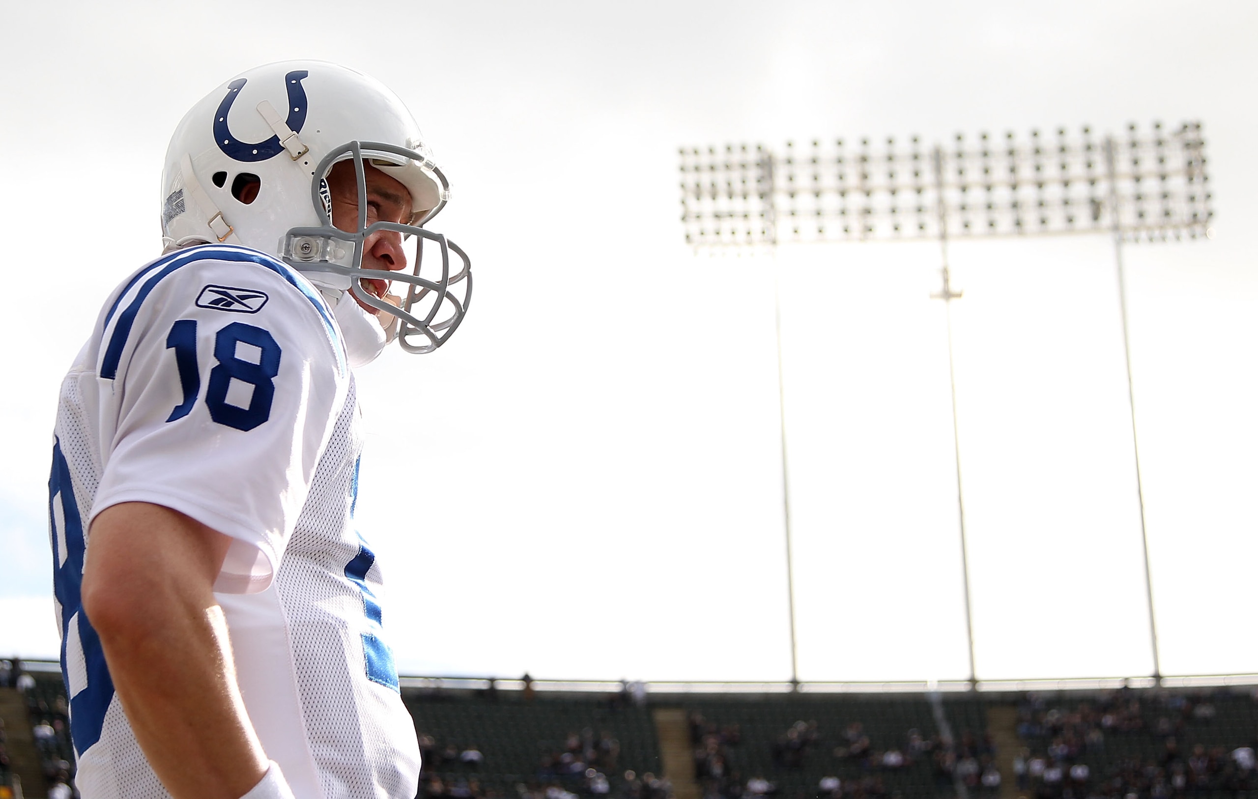 OAKLAND, CA - DECEMBER 26: Peyton Manning #18 of the Indianapolis Colts looks on against the Oakland Raiders during an NFL game at Oakland-Alameda County Coliseum on December 26, 2010 in Oakland, California. (Photo by Jed Jacobsohn/Getty Images) OAKLAND, CA - DECEMBER 26: Peyton Manning #18 of the Indianapolis Colts looks on against the Oakland Raiders during an NFL game at Oakland-Alameda County Coliseum on December 26, 2010 in Oakland, California. (Photo by Jed Jacobsohn/Getty Images)