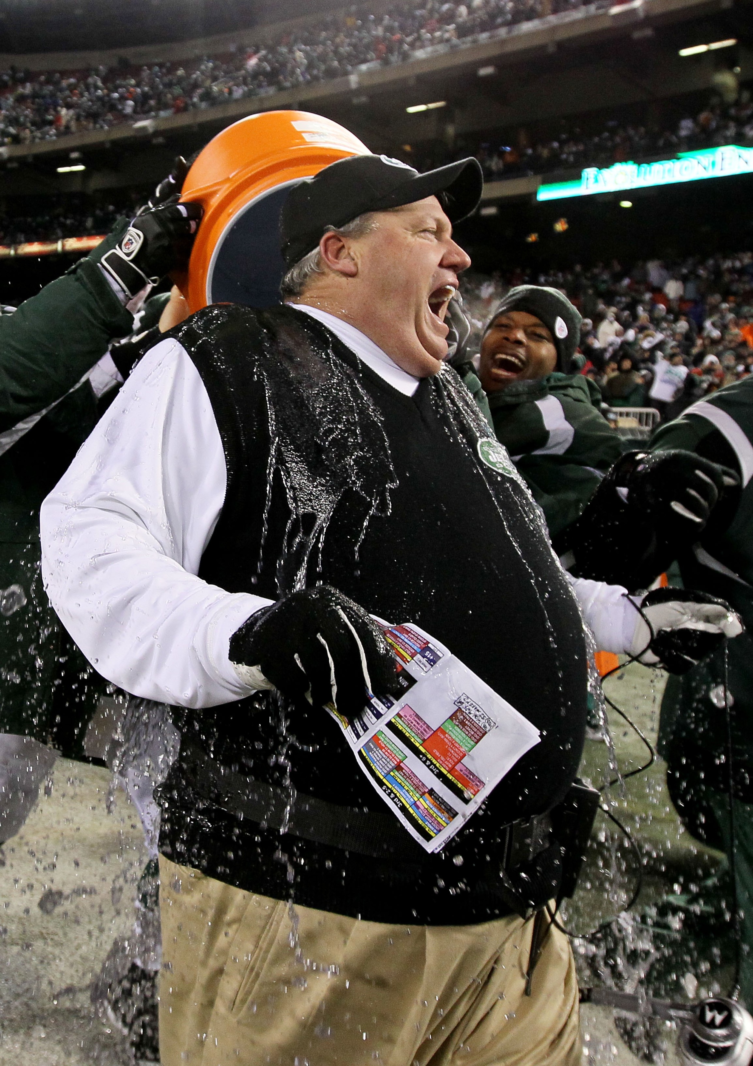 EAST RUTHERFORD, NJ - JANUARY 03:  Rex Ryan, Head Coach of the New York Jets, has Gatorade dumped on him by players at the end of the fourth quarter in celebration of their 37-0 victory over the Cincinnati Bengals at Giants Stadium on January 3, 2010 in E