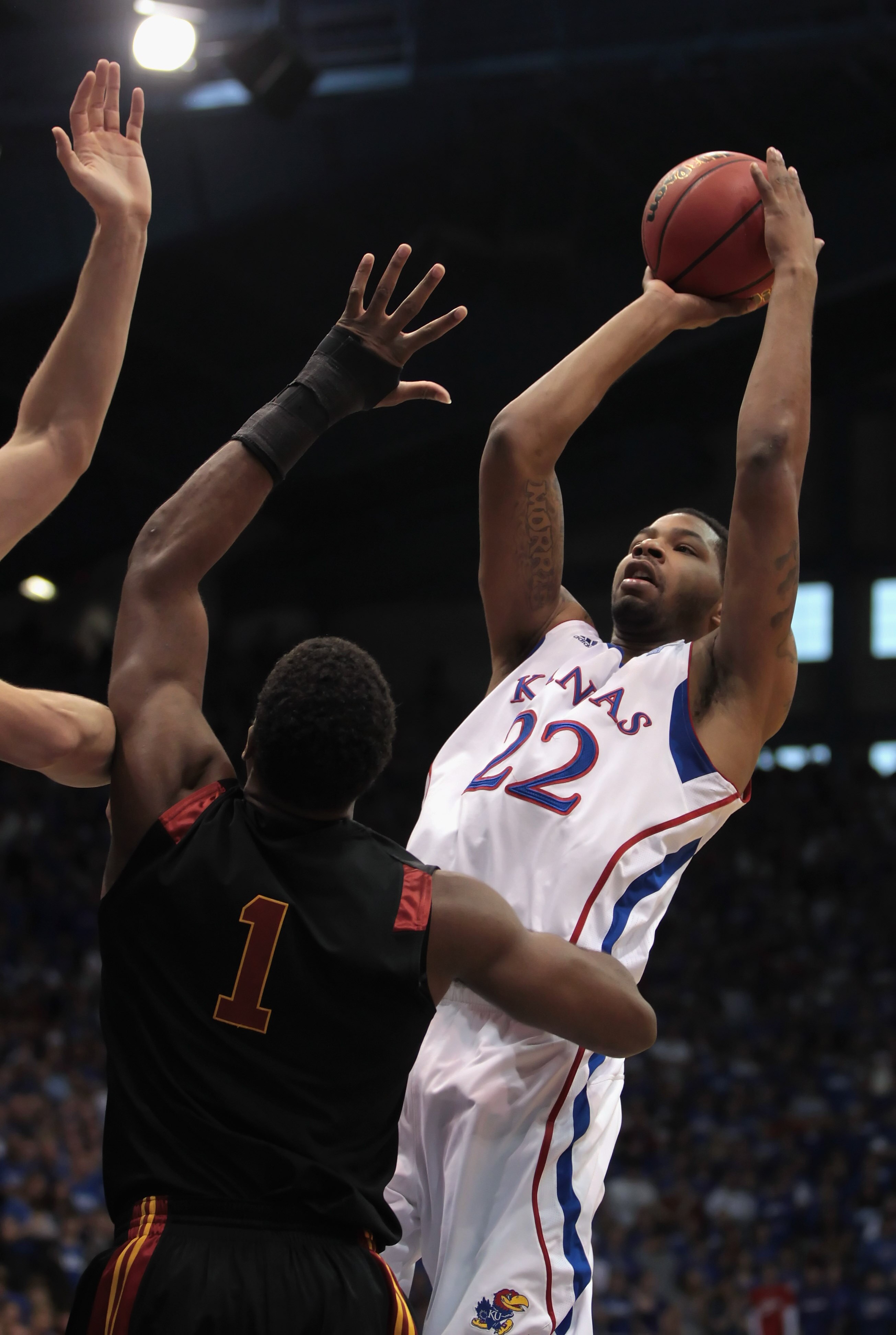 LAWRENCE, KS - DECEMBER 18:  Marcus Morris #22 of the Kansas Jayhawks in action during the game against the USC Trojans on December 18, 2010 at Allen Fieldhouse in Lawrence, Kansas.  (Photo by Jamie Squire/Getty Images)