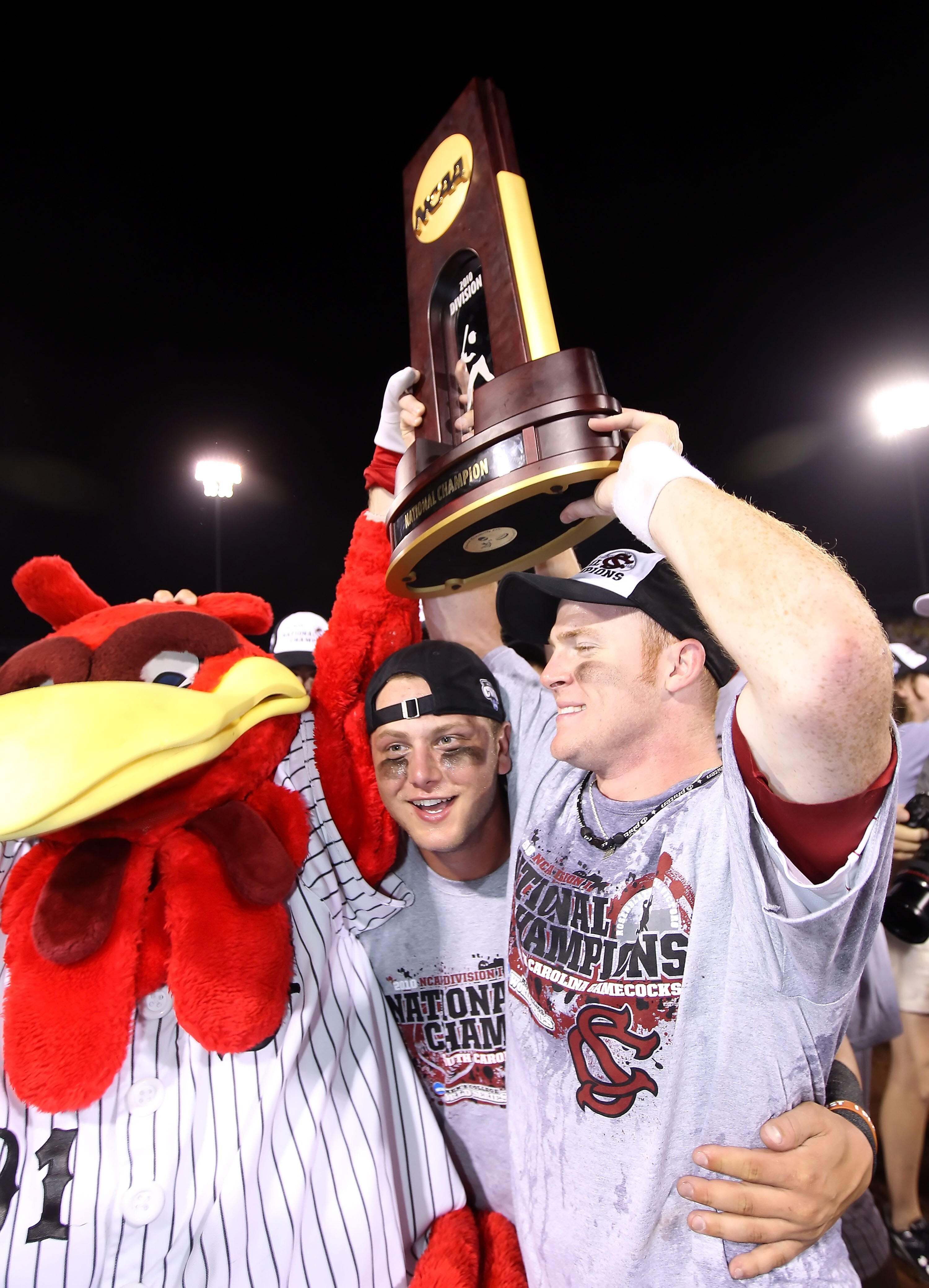 OMAHA, NE - JUNE 29:  The South Carolina Gamecocks celebrate with the championship trophy after defeating the UCLA Bruins in game 2 of the men's 2010 NCAA College Baseball World Series at Rosenblatt Stadium on June 29, 2010 in Omaha, Nebraska. The Gamecoc