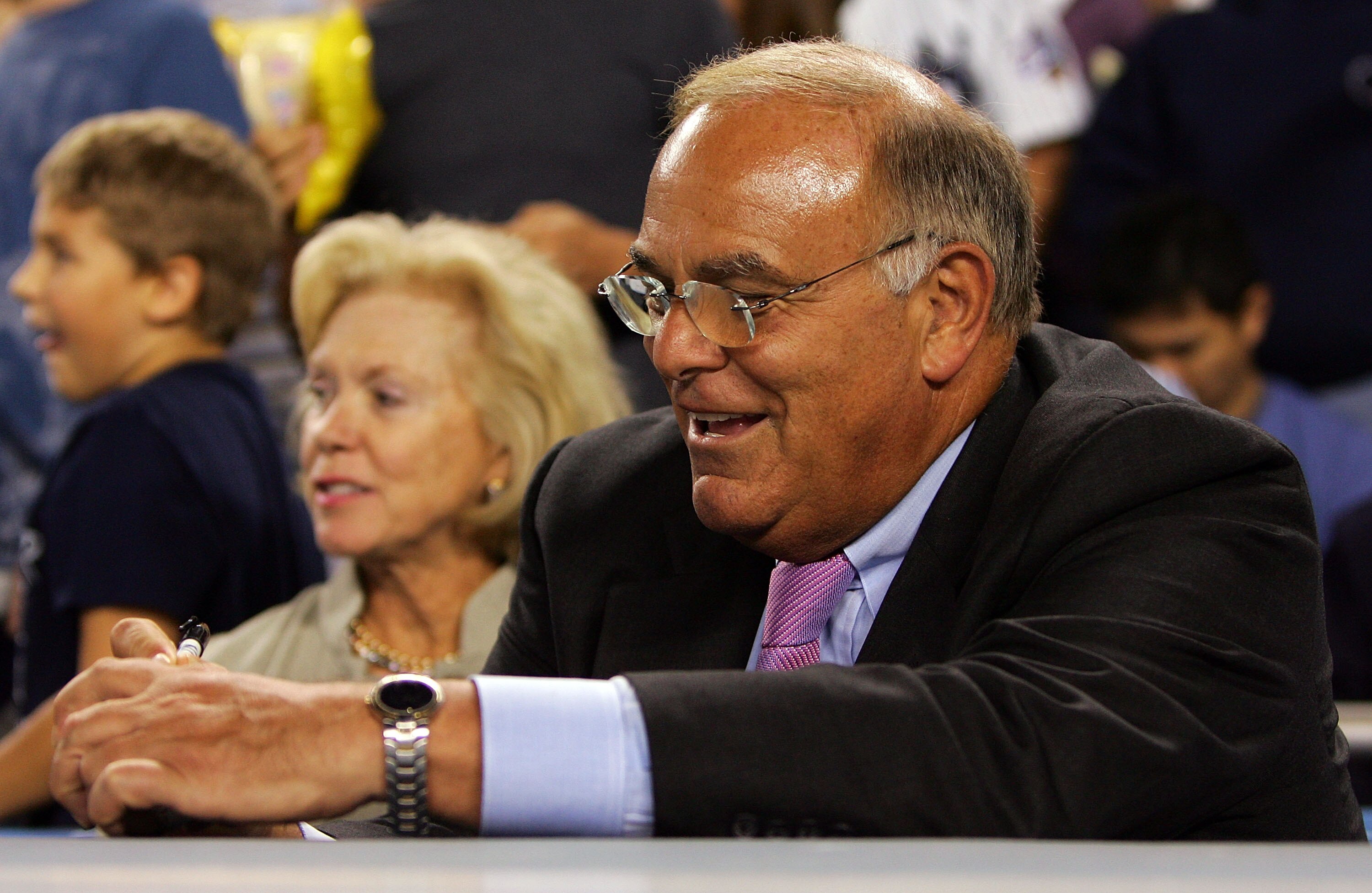 NEW YORK - SEPTEMBER 17:  Pennsylvania Gov. Ed Rendell signs a baseball as attends the game between the New York Yankees and the Chicago White Sox with his wife Midge September 17, 2008 at Yankee Stadium in the Bronx borough of New York City.  (Photo by J
