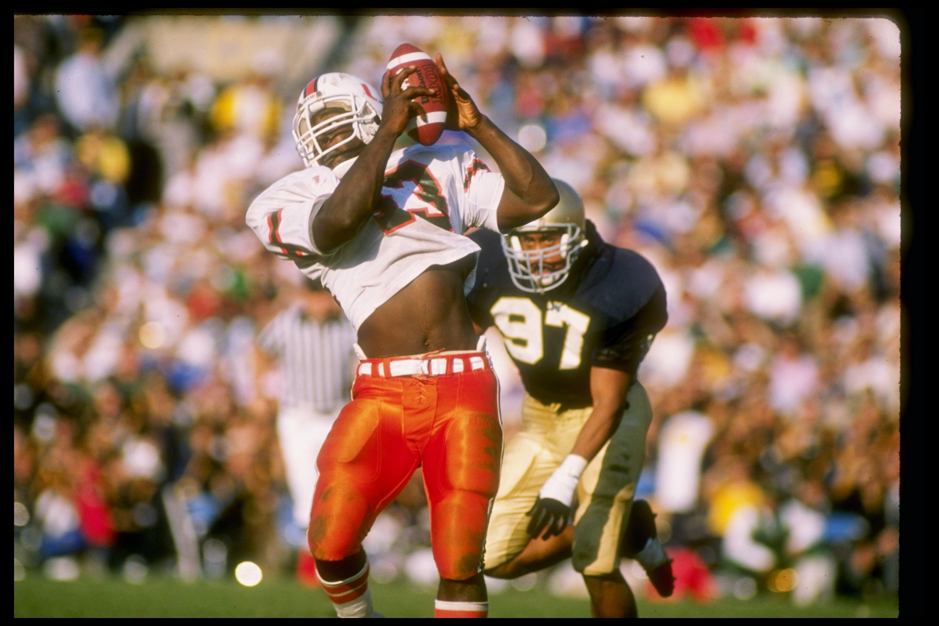 15 Oct 1988:  Cleveland Gary of the Miami Hurricanes makes a catch during a game against the Notre Dame Fighting Irish at Notre Dame Stadium in South Bend, Indiana.  Notre Dame won the game 31-30. Mandatory Credit: Jonathan Daniel  /Allsport