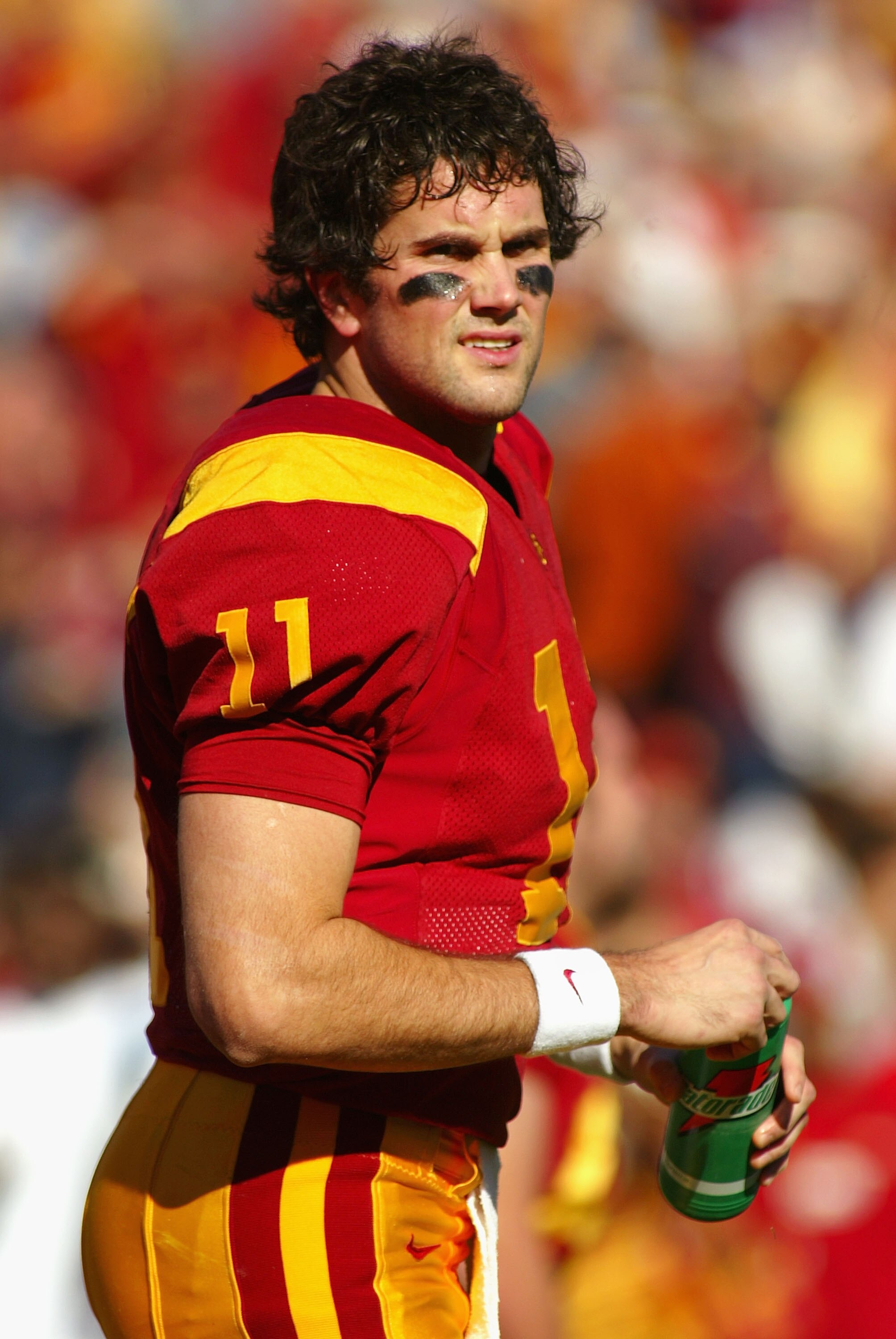 LOS ANGELES, CA - DECEMBER 03:  Matt Leinart #11 of the USC Trojans warms up before the start of the game against the UCLA Bruins on December 3, 2005 at the Los Angeles Memorial Coliseum in Los Angeles, California. USC won 66-19. (Photo by Christian Peter