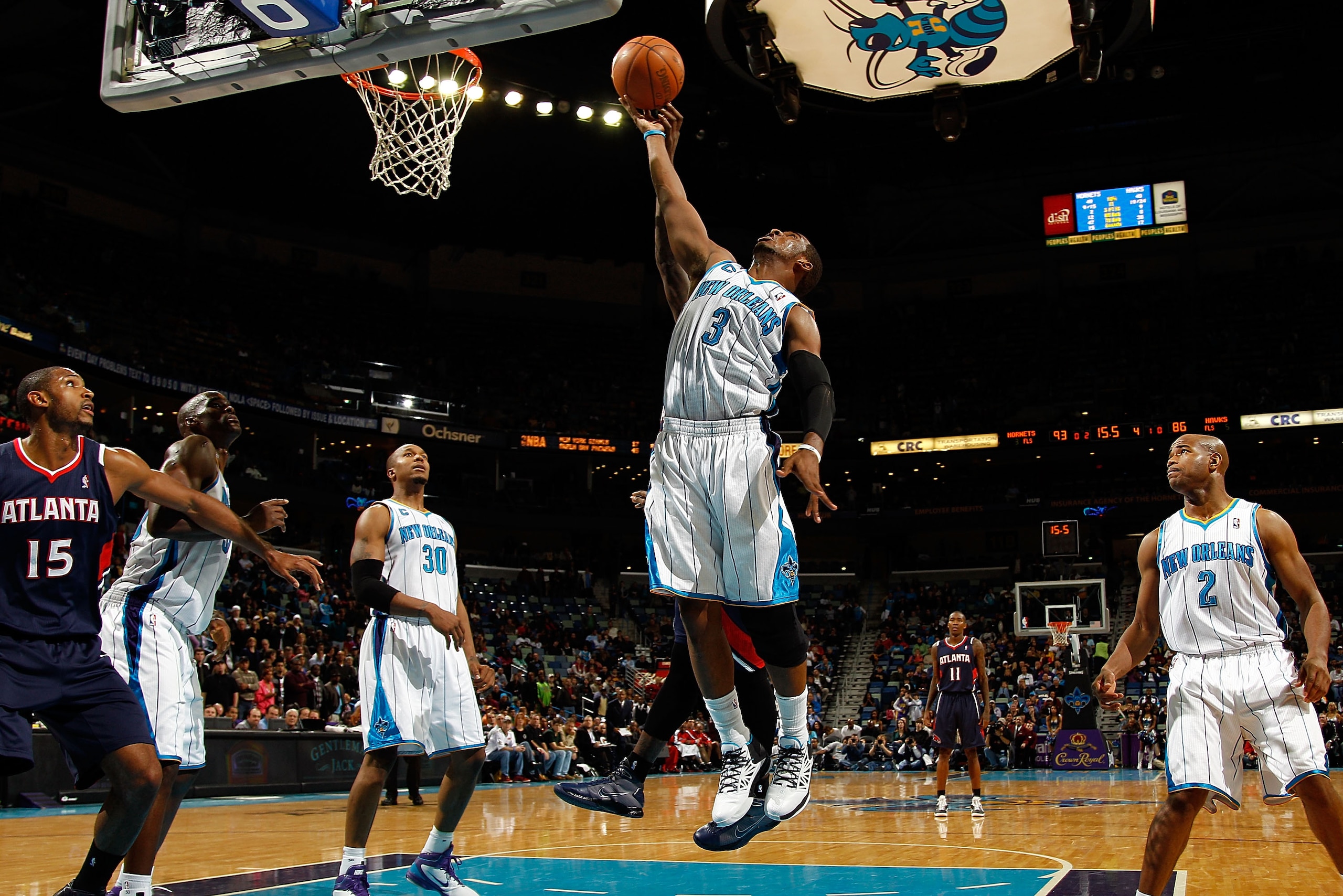 NEW ORLEANS, LA - DECEMBER 26:  Chris Paul #3 of the New Orleans Hornets jumps for a rebound during the game against the Atlanta Hawks at the New Orleans Arena on December 26, 2010 in New Orleans, Louisiana.  The Hornets defeated the Hawks 93-86.  NOTE TO