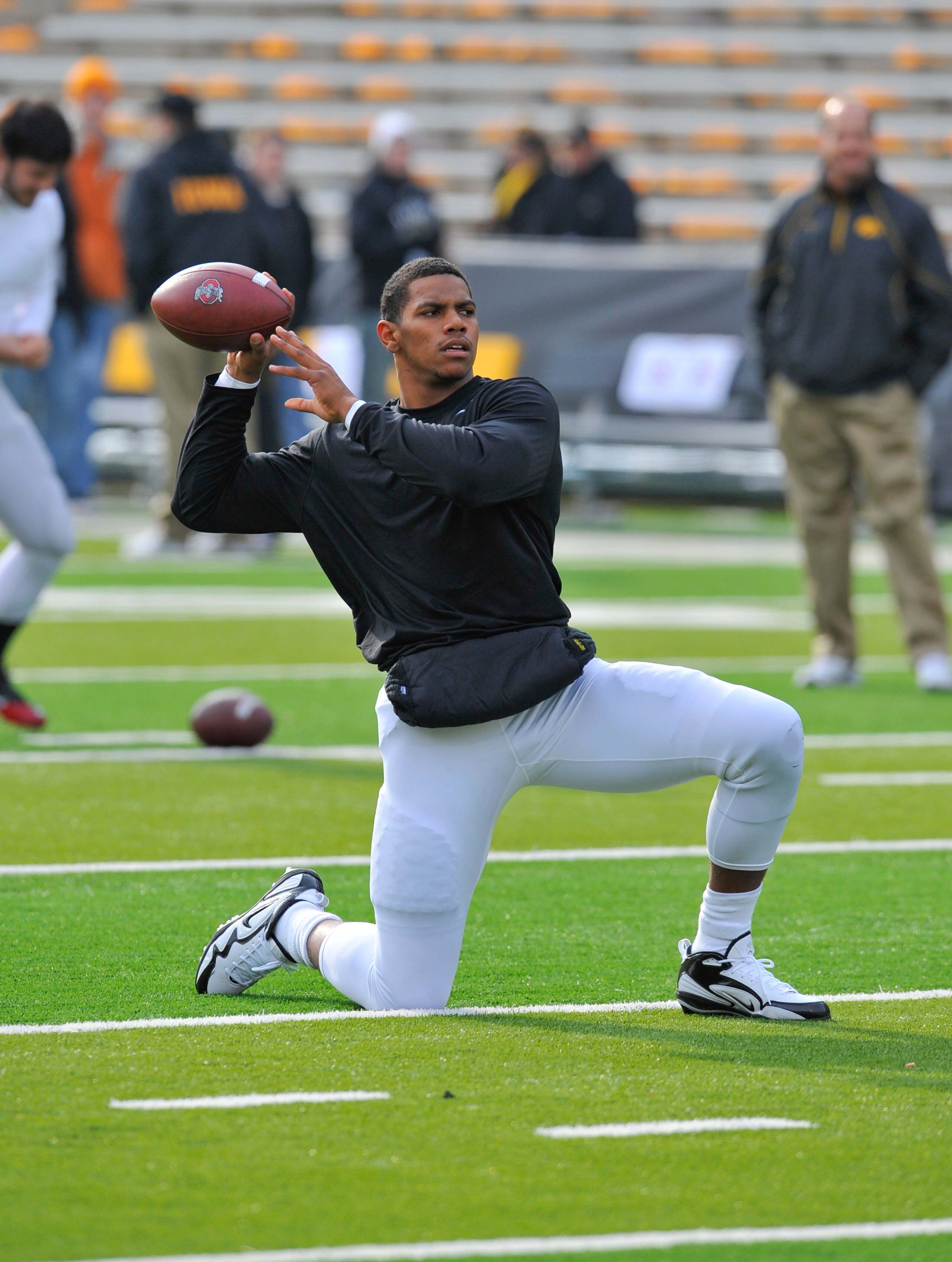 IOWA CITY, IA - NOVEMBER 20: Quarterback Terrell Pryor #2 of the Ohio State Buckeyes warms up before the taking on the University of Iowa Hawkeyes at Kinnick Stadium on November 20, 2010 in Iowa City, Iowa. Ohio won 20-17 over Iowa. (Photo by David Purdy/