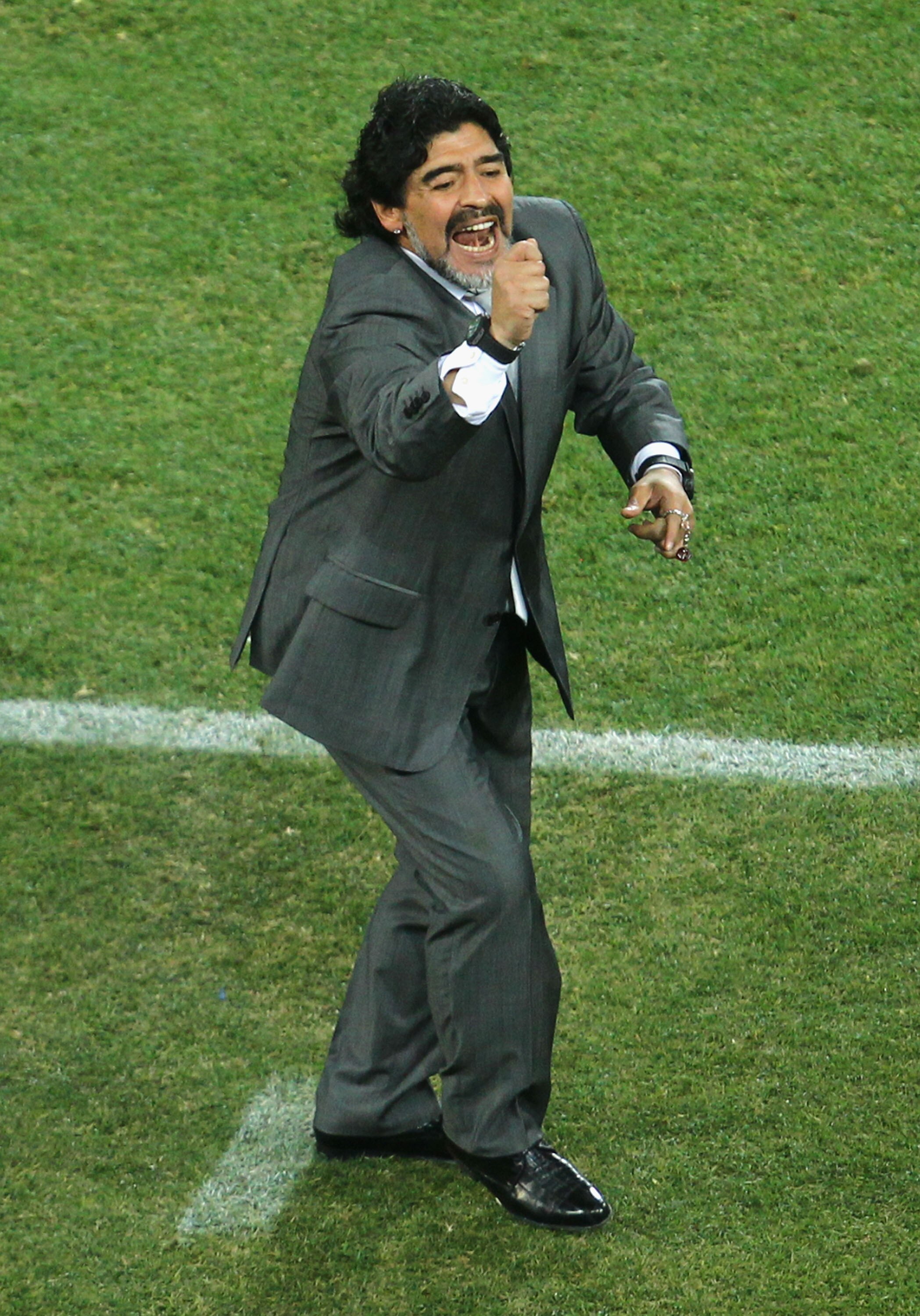 JOHANNESBURG, SOUTH AFRICA - JUNE 27:  Diego Maradona head coach of Argentina gestures during the 2010 FIFA World Cup South Africa Round of Sixteen match between Argentina and Mexico at Soccer City Stadium on June 27, 2010 in Johannesburg, South Africa.