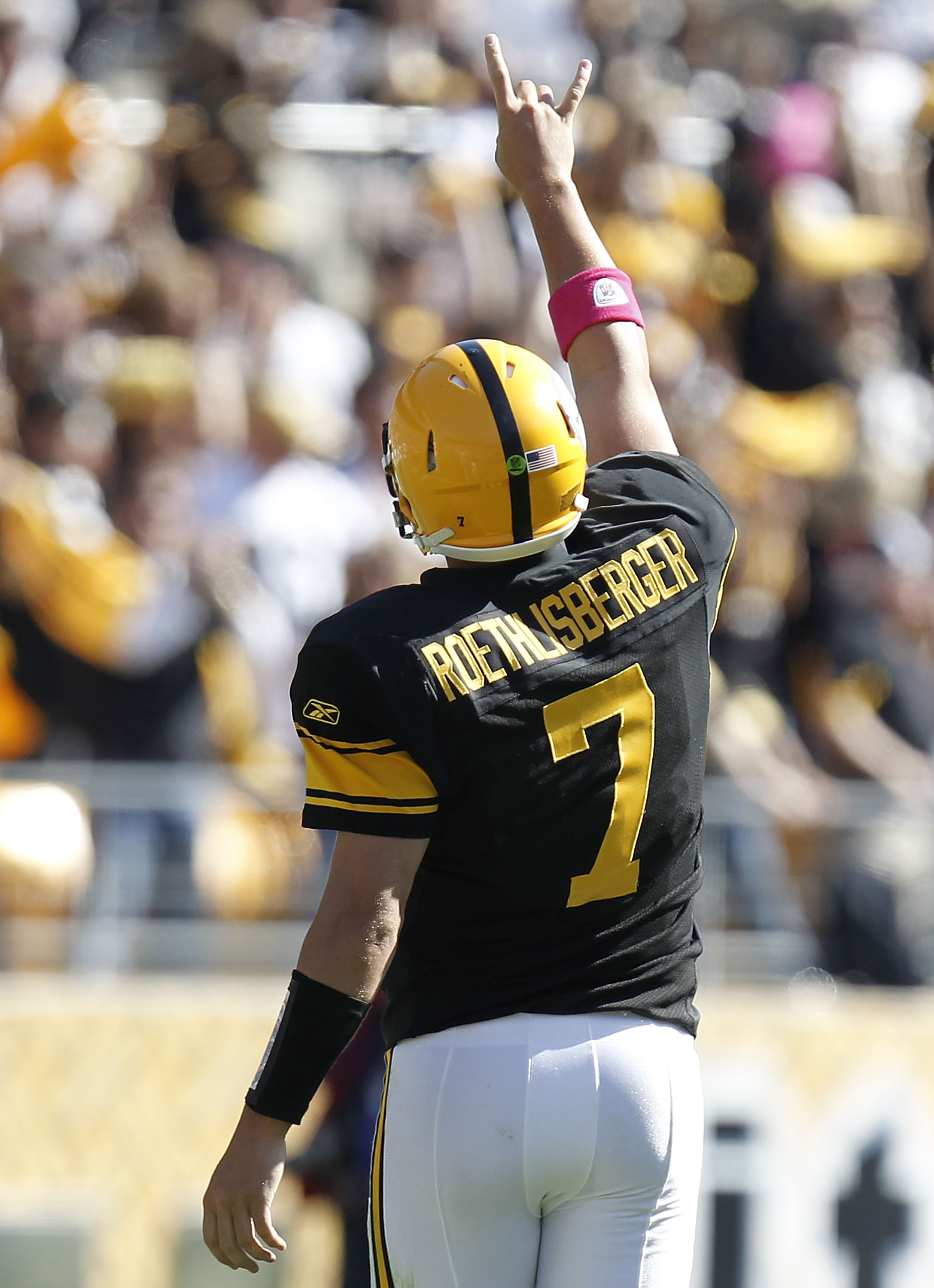 PITTSBURGH - OCTOBER 17:  Ben Roethlisberger #7 of the Pittsburgh Steelers celebrates a second quarter touchdown pass while playing the Cleveland Browns on October 17, 2010 at Heinz Field in Pittsburgh, Pennsylvania.  (Photo by Gregory Shamus/Getty Images