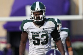 EVANSTON, IL - OCTOBER 23: Greg Jones #53 of the Michigan State Spartans awaits the start of play against the Northwestern Wildcats at Ryan Field on October 23, 2010 in Evanston, Illinois. Michigan State defeated Northwestern 35-27. (Photo by Jonathan Dan