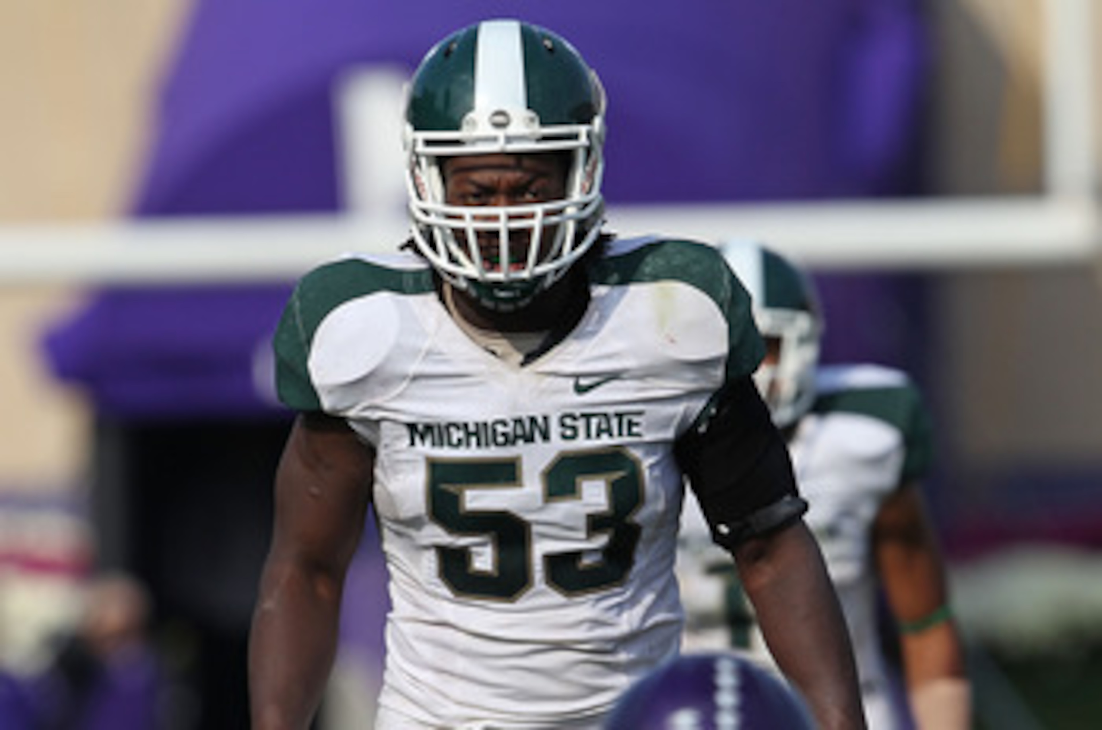 EVANSTON, IL - OCTOBER 23: Greg Jones #53 of the Michigan State Spartans awaits the start of play against the Northwestern Wildcats at Ryan Field on October 23, 2010 in Evanston, Illinois. Michigan State defeated Northwestern 35-27. (Photo by Jonathan Dan