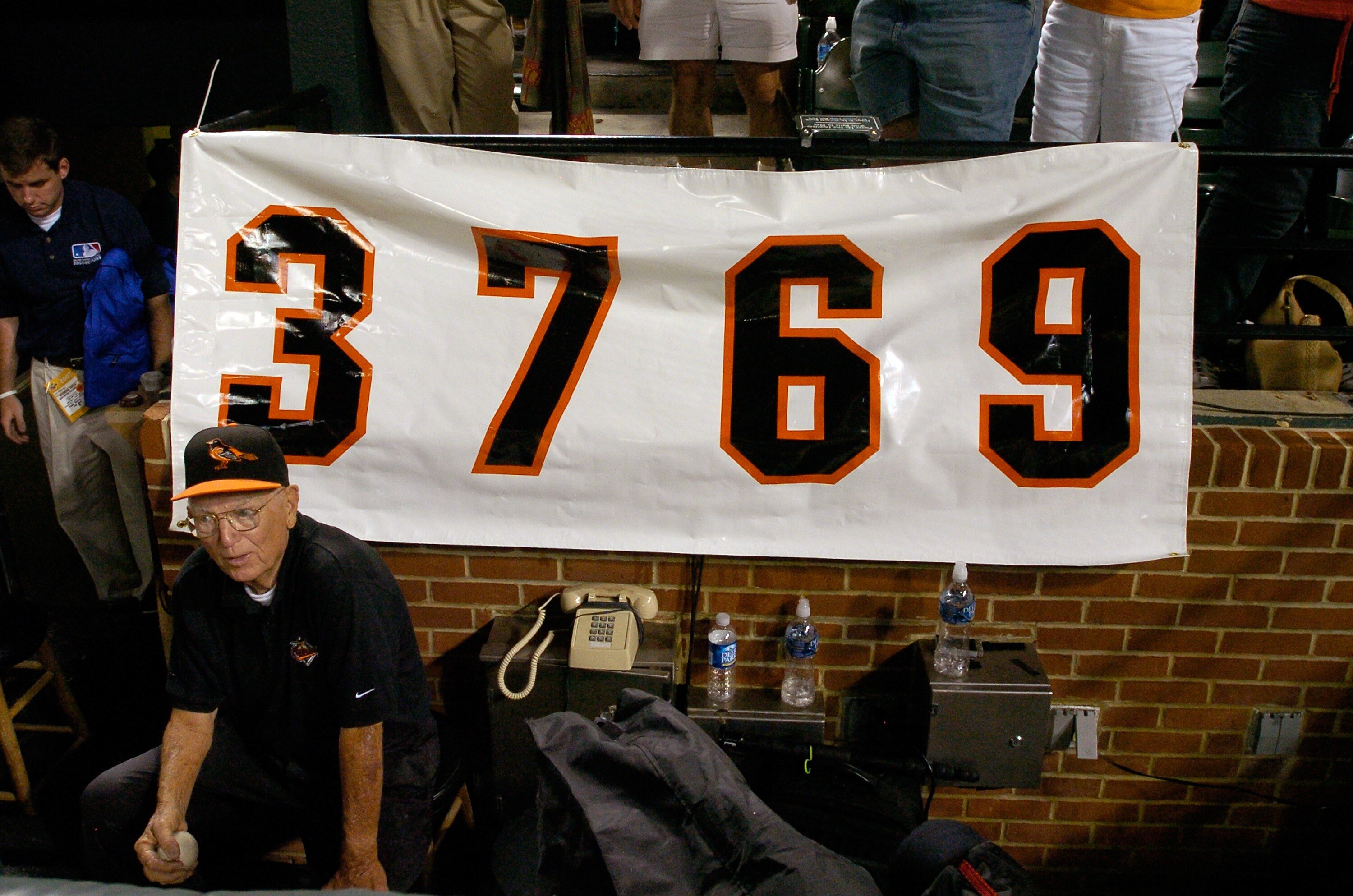 BALTIMORE- JULY 27:   Baltimore Orioles Umpire attendant Ernie Tyler is given a tribute for being at 3,769 consecutive baseball games at Camden Yards July 27, 2007 in Baltimore, Maryland. Tyler will end the streak tomorrow when he goes to Cooperstown to s