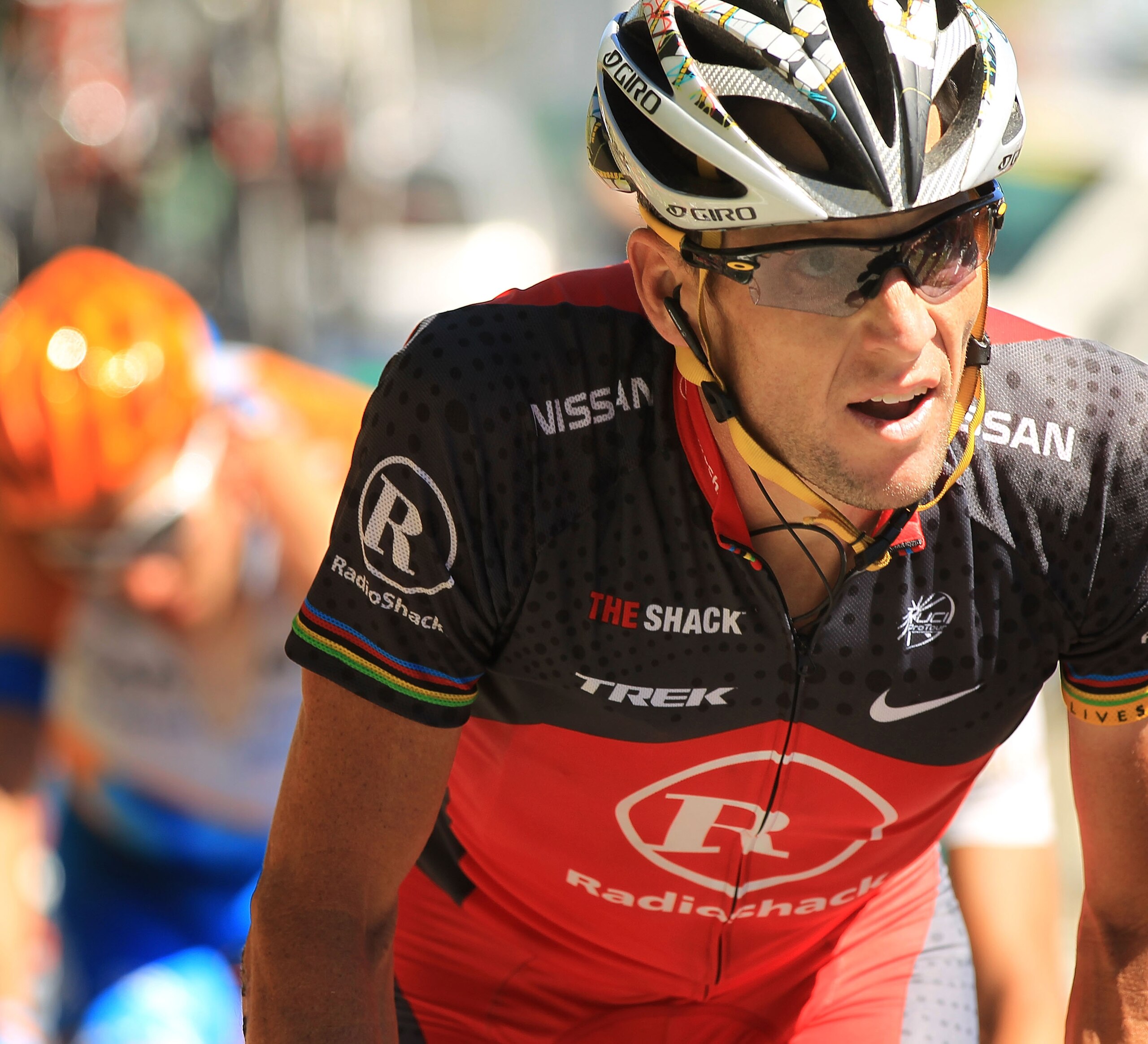 AX-3 DOMAINES, FRANCE - JULY 18: American Lance Armstrong of team RadioShack rides on a climb of Stage 14 of the Tour de France, the first stage to enter the Pyrenees, on July 18, 2010 in Ax 3 Domaines, France. Armstrong currently sits in 38th place. The