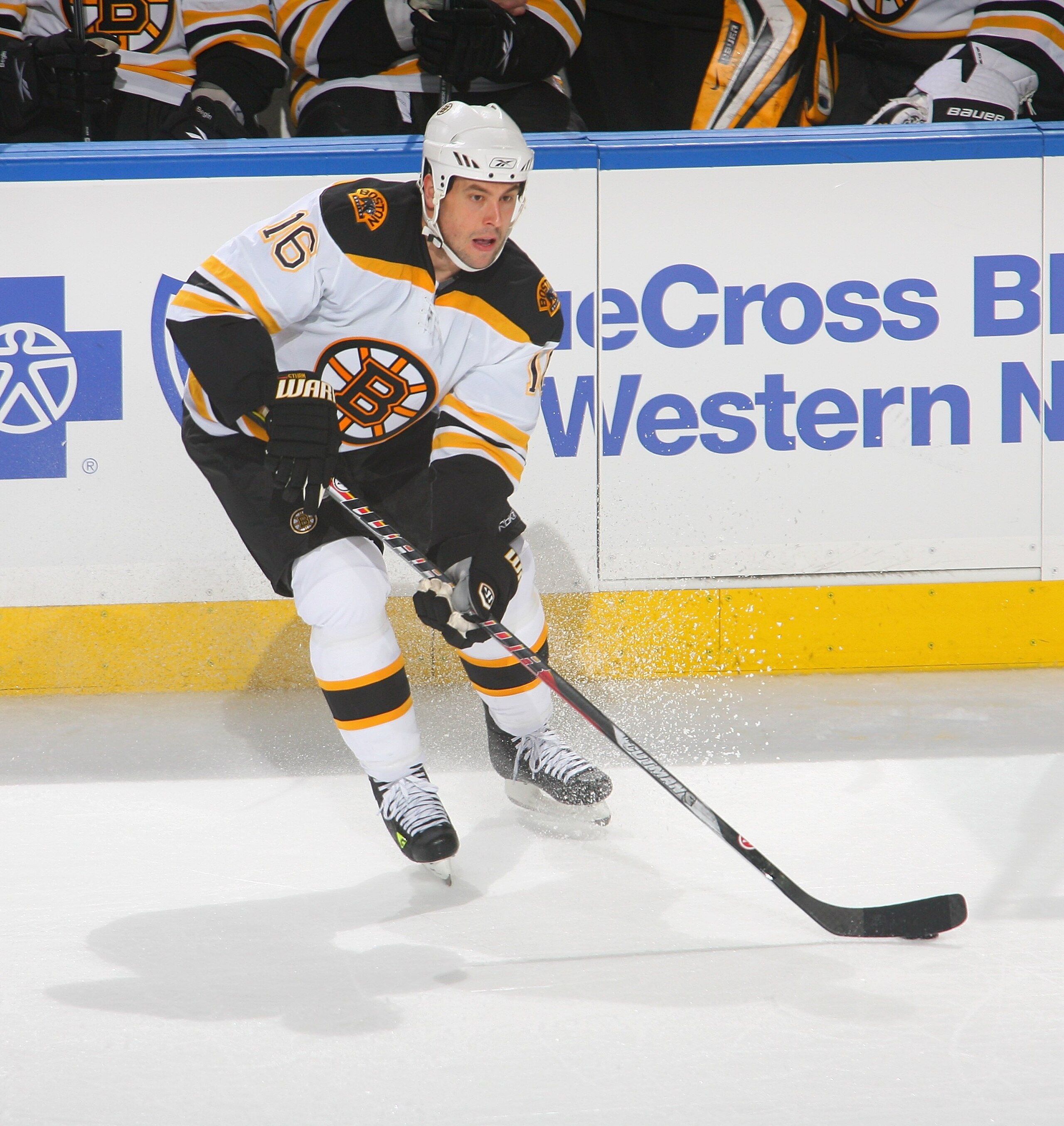 BUFFALO, NY - APRIL 15: Marco Sturm #16 of the Boston Bruins skates against the Buffalo Sabres  in Game One of the Eastern Conference Quarterfinals during the 2010 NHL Stanley Cup Playoffs at HSBC Arena on April 15, 2010 in Buffalo, New York.  (Photo by R