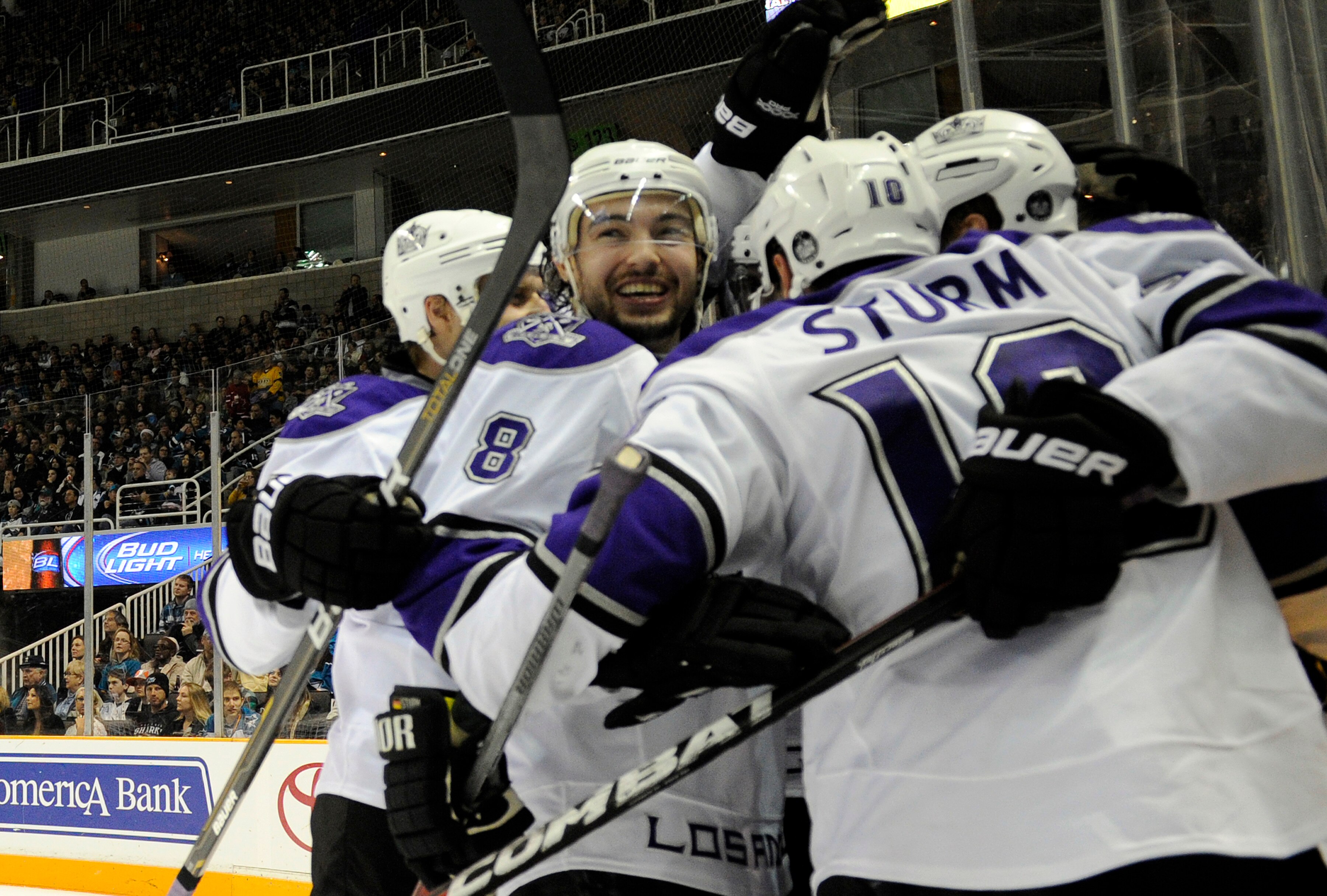 SAN JOSE, CA - DECEMBER 27: Drew Doughty #8 of the Los Angeles Kings celebrates with teammates after Dustin Brown #23 scores a goal against the San Jose Sharks during an NHL hockey game at the HP Pavilion on December 27, 2010 in San Jose, California. The