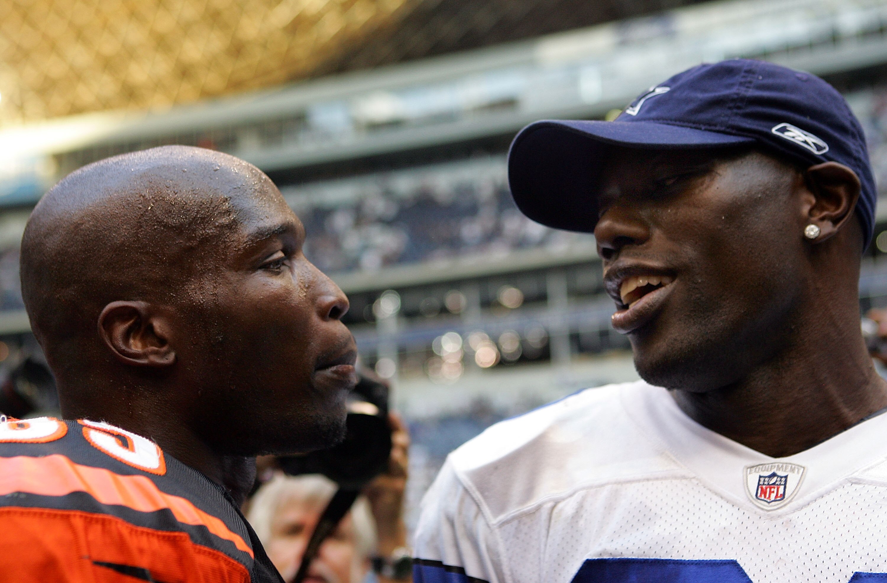 IRVING, TX - OCTOBER 05:  Wide receiver Chad Johnson #85 of the Cincinnati Bengals talks with Terrell Owens #81 of the Dallas Cowboys at Texas Stadium on October 5, 2008 in Irving, Texas. The Cowboys defeated the Bengals 31-24.  (Photo by Ronald Martinez/