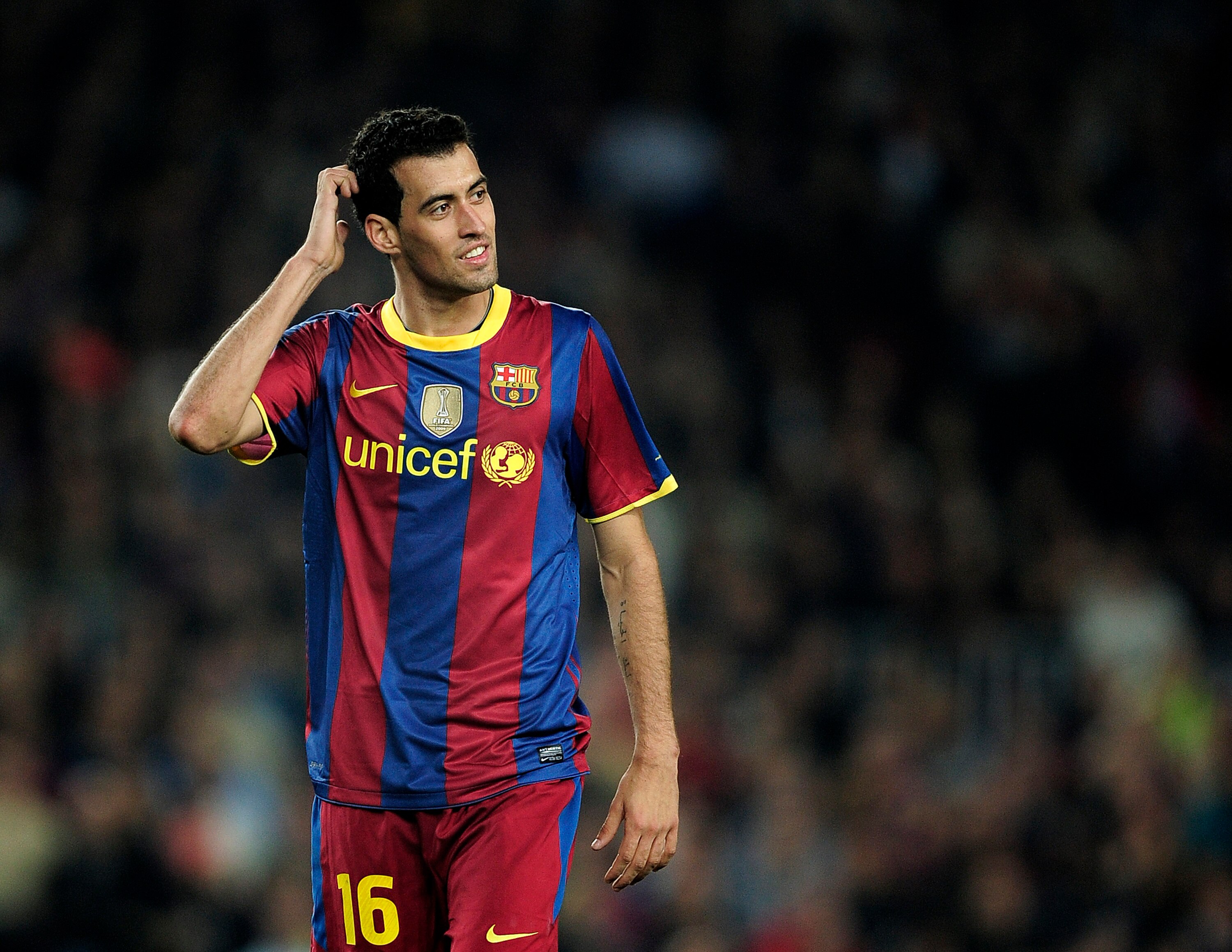 BARCELONA, SPAIN - OCTOBER 16:  Sergio Busquets of Barcelona looks on during the La Liga match between Barcelona and Valencia at the Camp Nou stadium on October 16, 2010 in Barcelona, Spain. Barcelona won the match 2-1.  (Photo by David Ramos/Getty Images