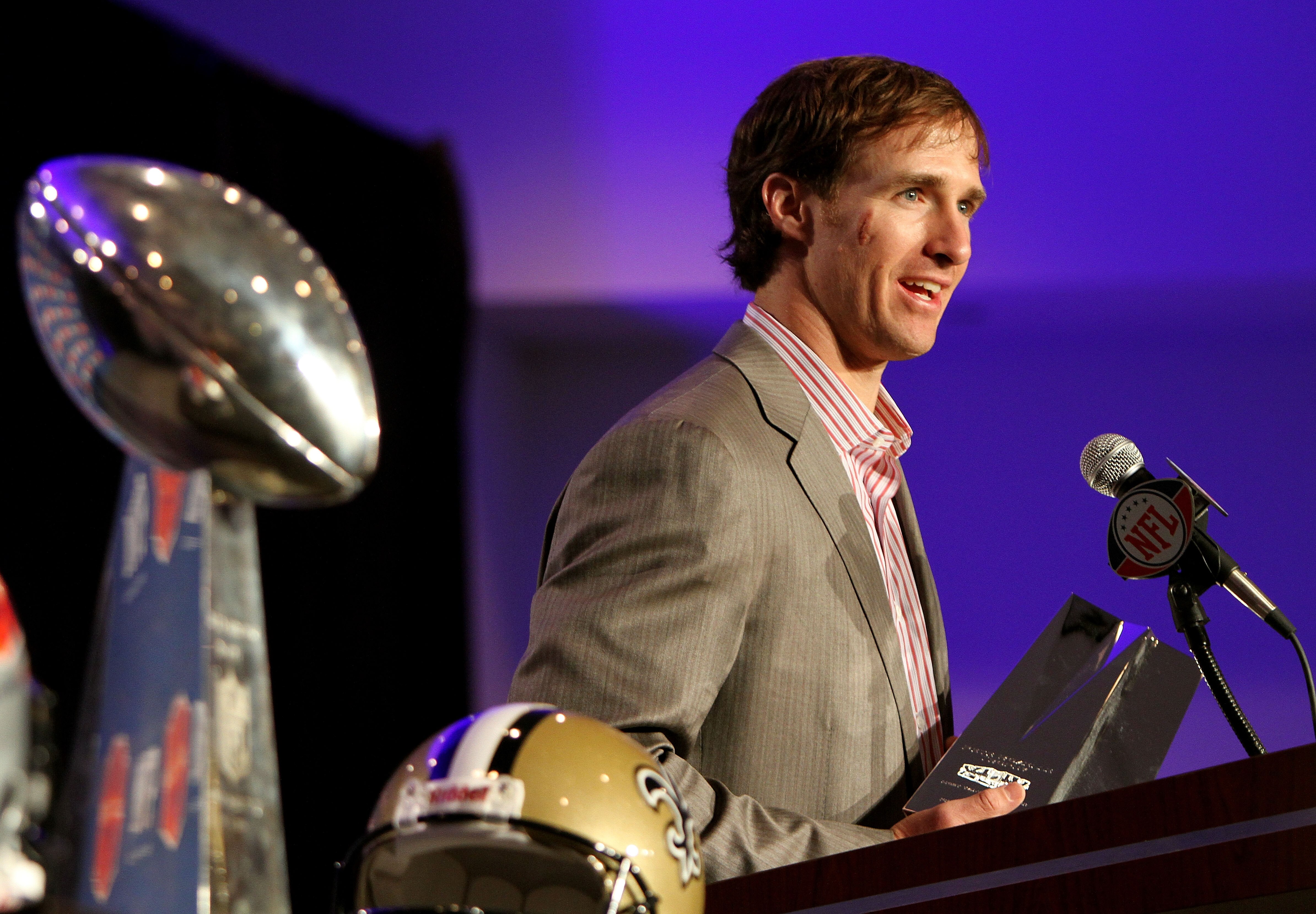 FORT LAUDERDALE, FL - FEBRUARY 08:  Most Valuable Player of Super Bowl XLIV, quarterback Drew Brees #9 of the New Orleans Saints speaks during the Super Bowl Champion Coach Press Conference at the Fort Lauderdale Convention Center on February 8, 2010 in F