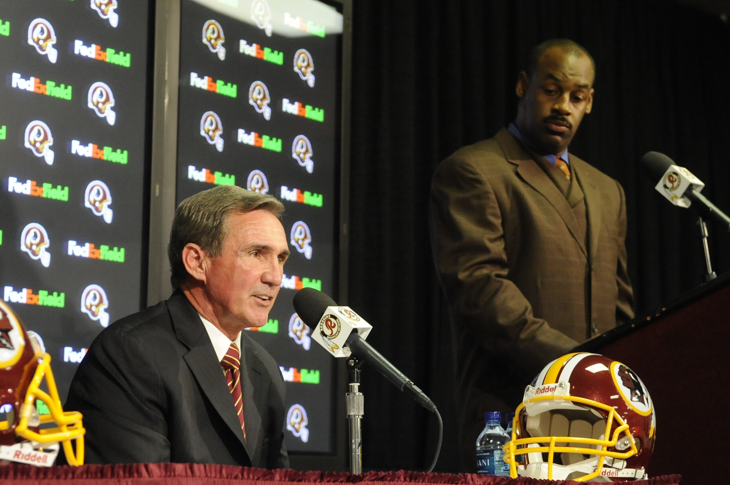 ASHURN, VA - APRIL 6:  Mike Shanahan, head coach of the Washington Redskins, answers questions during a press conference introducing Donovan McNabb to the media on April 6, 2010 at Redskin Park in Ashburn, Virginia.  (Photo by Mitchell Layton/Getty Images
