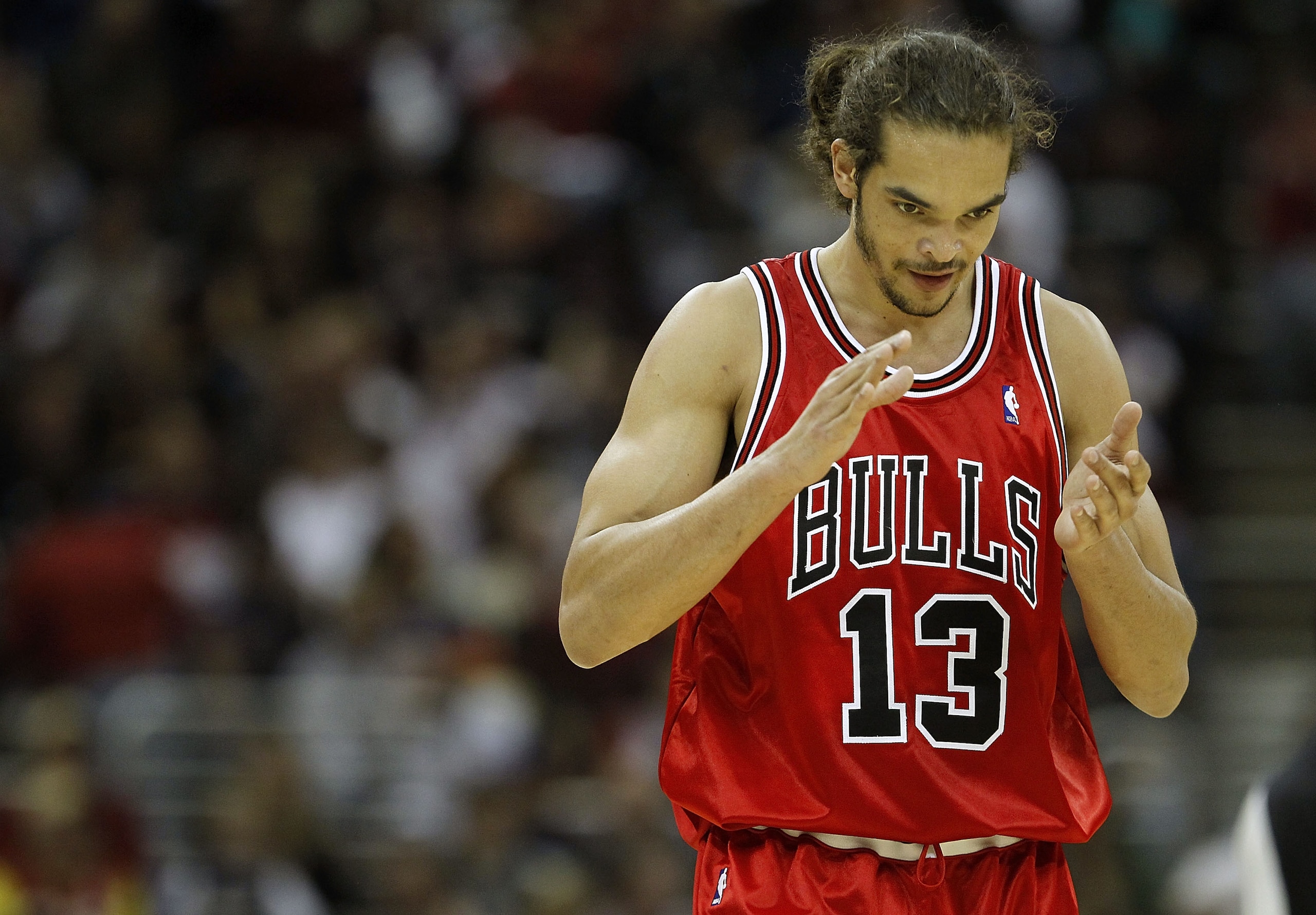 CLEVELAND - APRIL 19:  Joakim Noah #13  of the Chicago Bulls reacts after making a first quarter basket against the Cleveland Cavaliers in Game Two of the Eastern Conference Quarterfinals during the 2010 NBA Playoffs at Quicken Loans Arena on April 19, 20