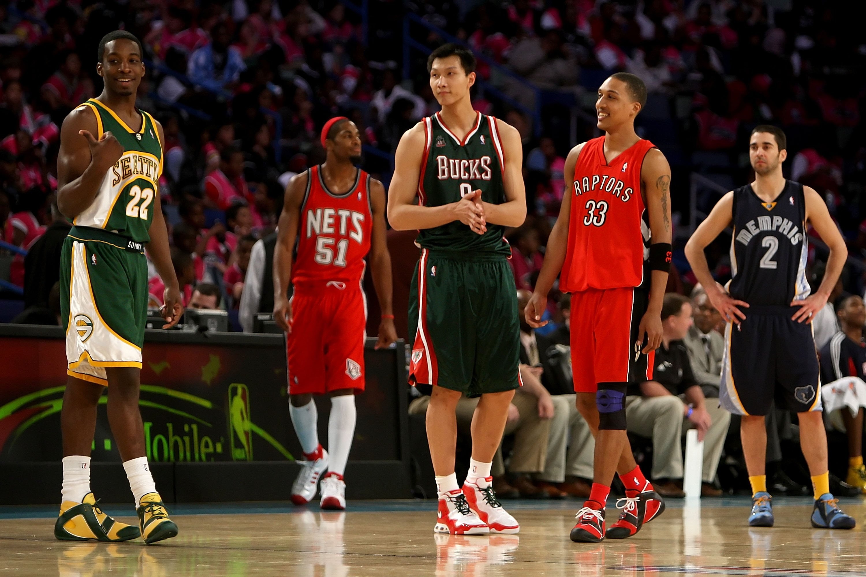 NEW ORLEANS - FEBRUARY 15:  (L-R) Jeff Green #22, Sean Williams #51, Yi Jianlian #9, Jamario Moon #33 and Juan Carlos Navarro #2 of the Rookie team stand on the court during the T-Mobile Rookie Challenge & Youth Jam part of 2008 NBA All-Star Weekend at th