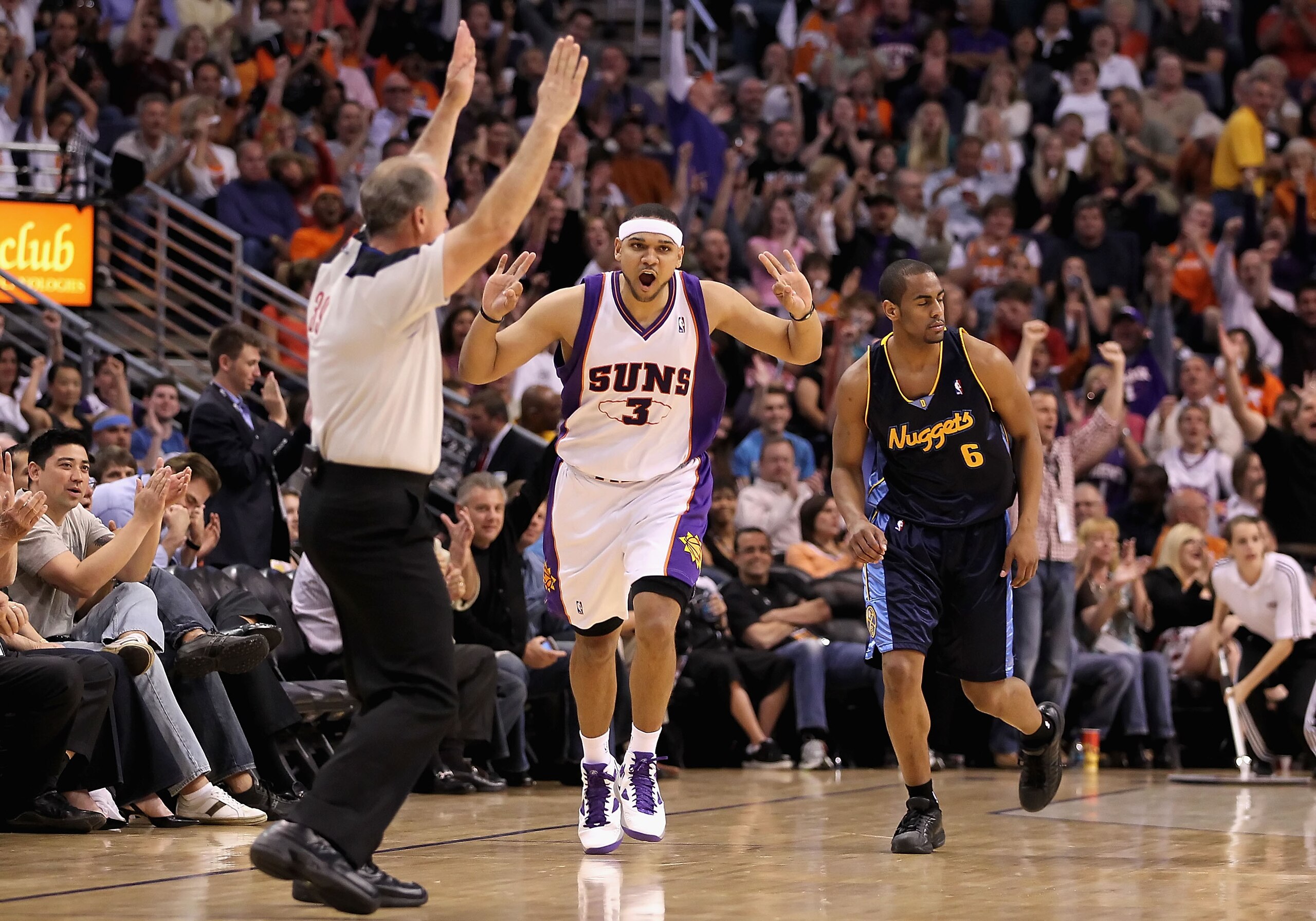 PHOENIX - APRIL 13:  Jared Dudley #3 of the Phoenix Suns reacts after hitting a three point shot over Arron Afflalo #6 of the Denver Nuggets during the NBA game at US Airways Center on April 13, 2010 in Phoenix, Arizona. NOTE TO USER: User expressly ackno